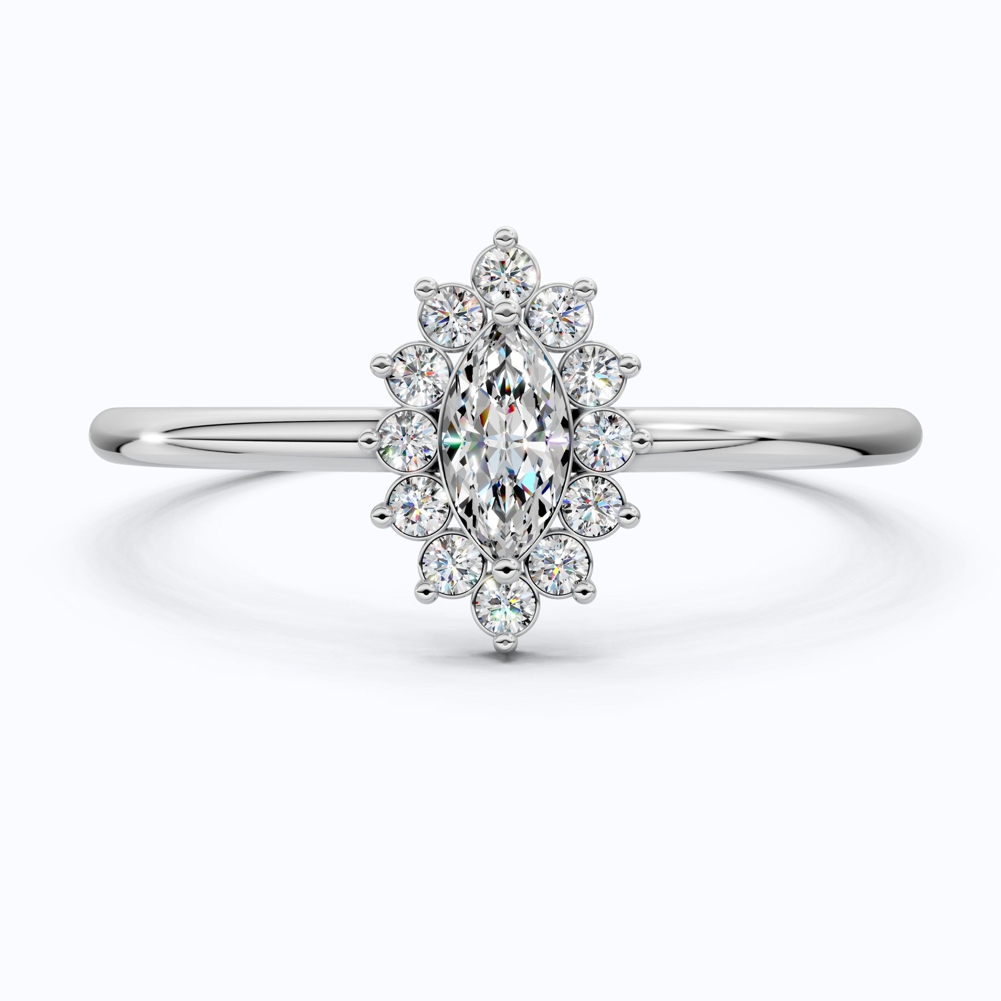 Marquise Floral Halo Cluster Engagement Ring in 14k Solid Gold, Unique Halo Wedding Band, Birthday Gift for Wife, Handmade Jewelry - Shoora Designs