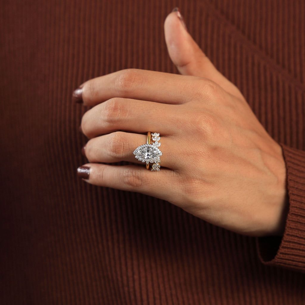 Marquise Halo Bridal Set with Contoured Diamond Open Band in Lab Grown Diamond –14k Solid Gold, Unique Ring Set, Anniversary Gift for Women - Shoora Designs