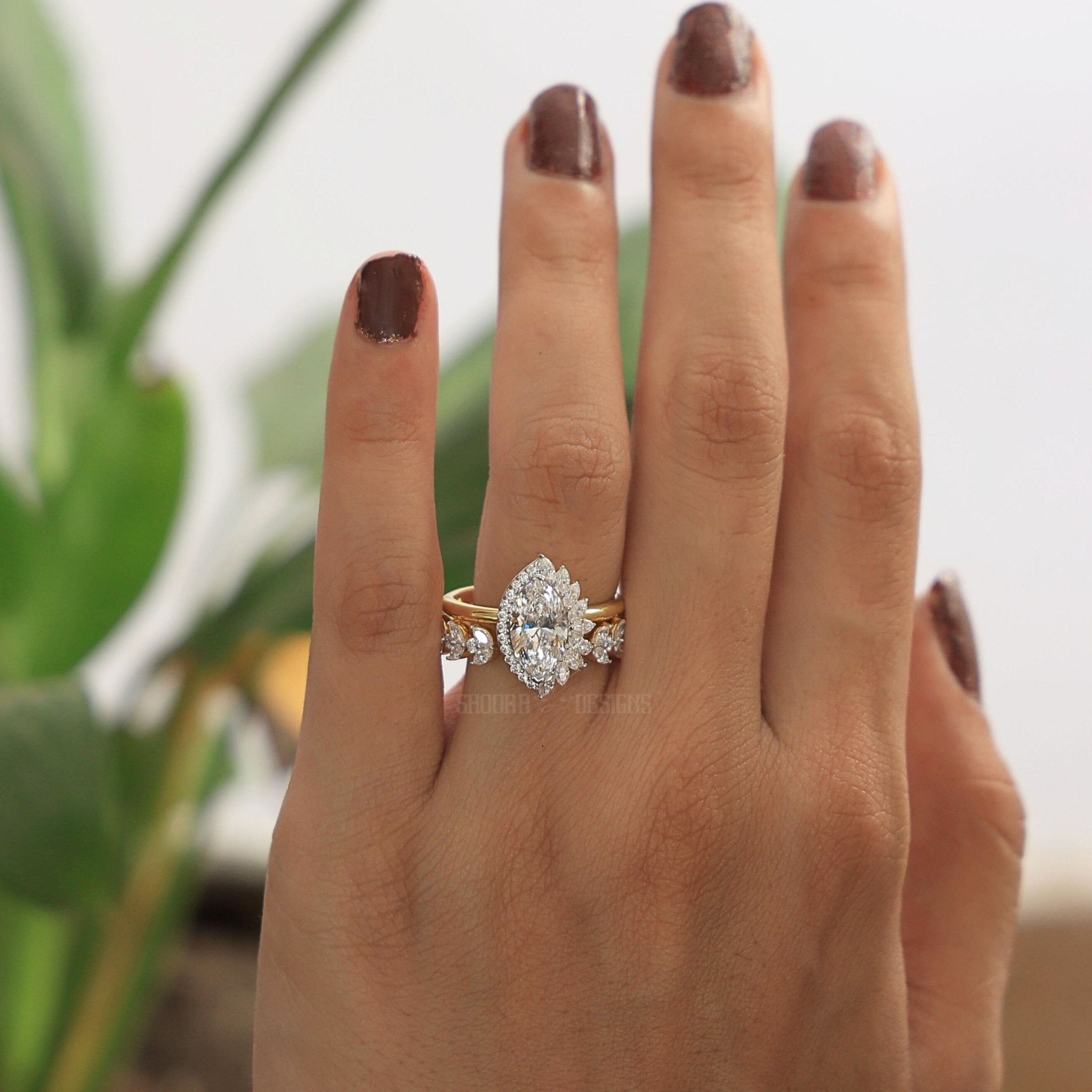 Marquise Halo Bridal Set with Contoured Diamond Open Band in Lab Grown Diamond –14k Solid Gold, Unique Ring Set, Anniversary Gift for Women - Shoora Designs