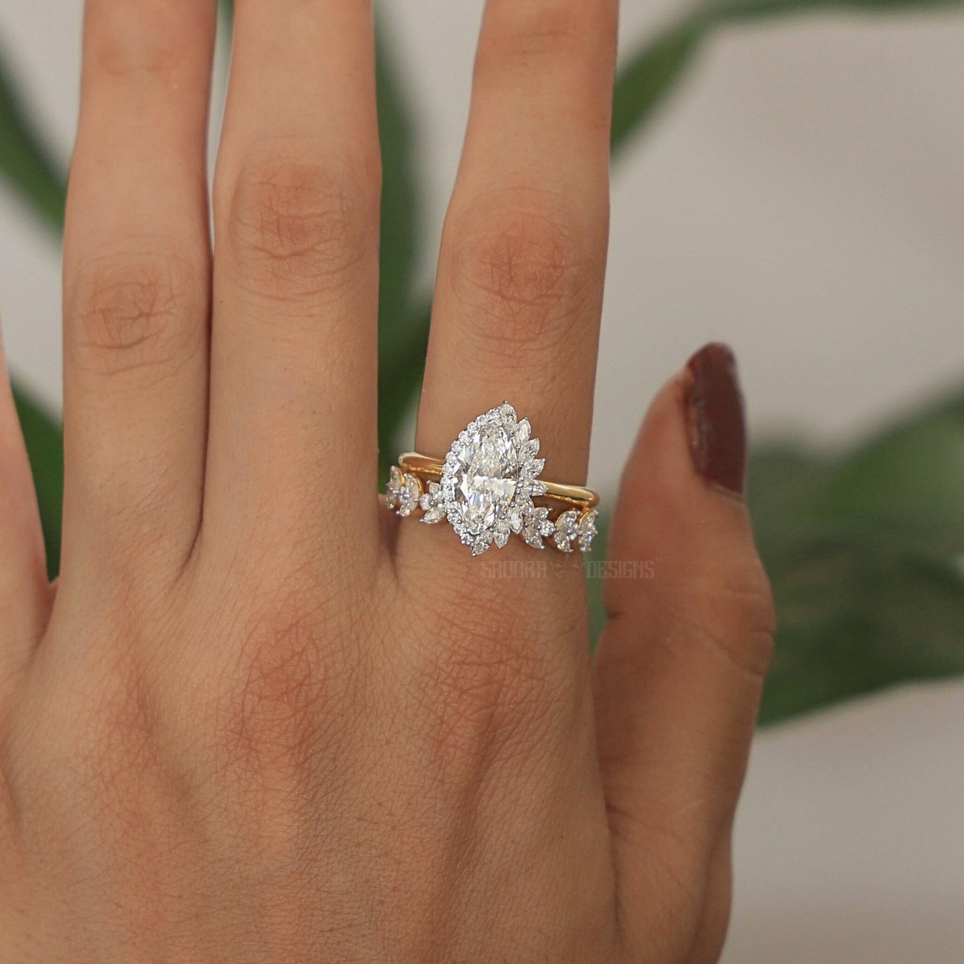 Marquise Halo Bridal Set with Contoured Diamond Open Band in Lab Grown Diamond –14k Solid Gold, Unique Ring Set, Anniversary Gift for Women - Shoora Designs