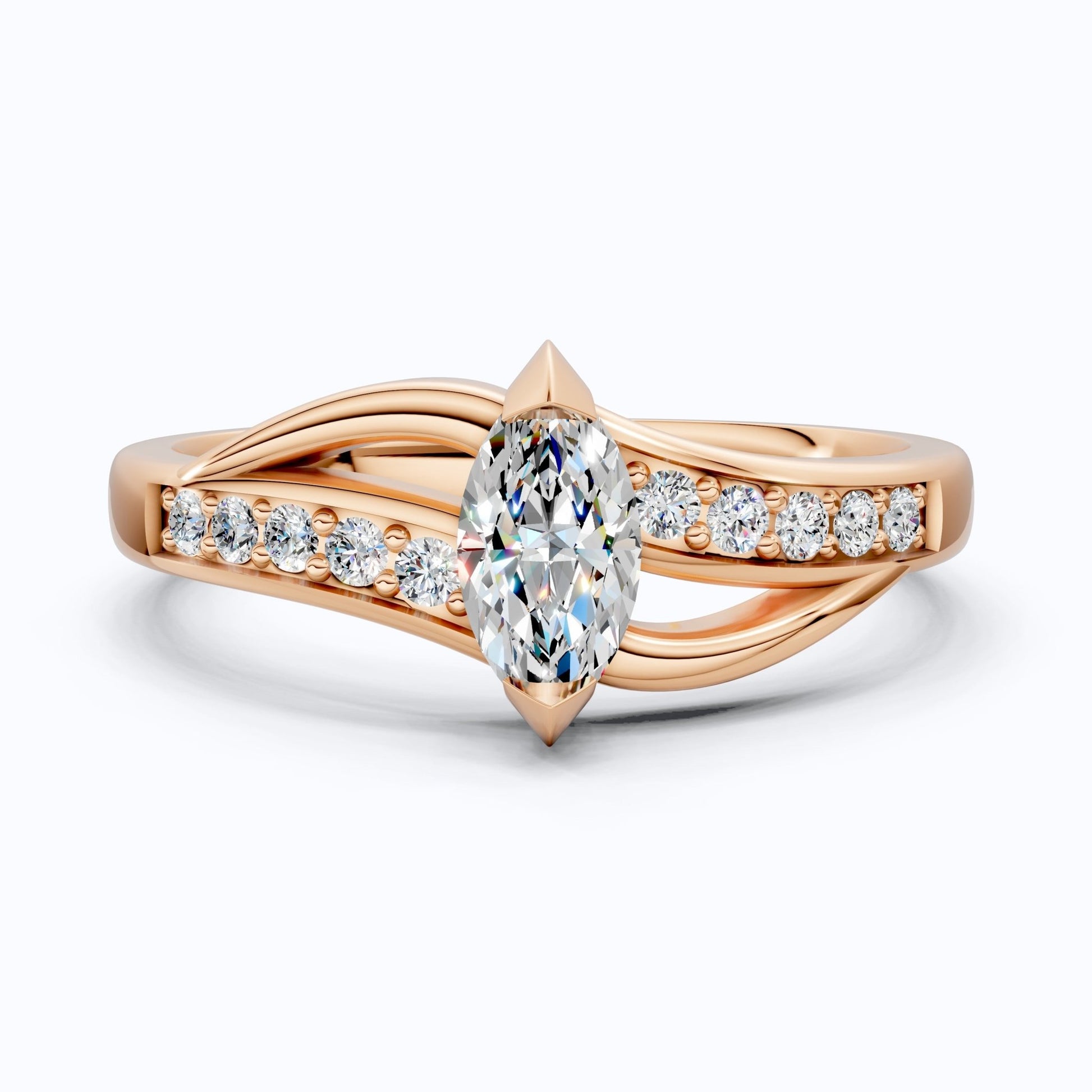 Marquise Split Shank Pave Engagement Ring in 14k Solid Gold, 0.43 TCW Marquise/Round Cut Sculpted Twist Unique Ring, Everyday Gift for Women - Shoora Designs
