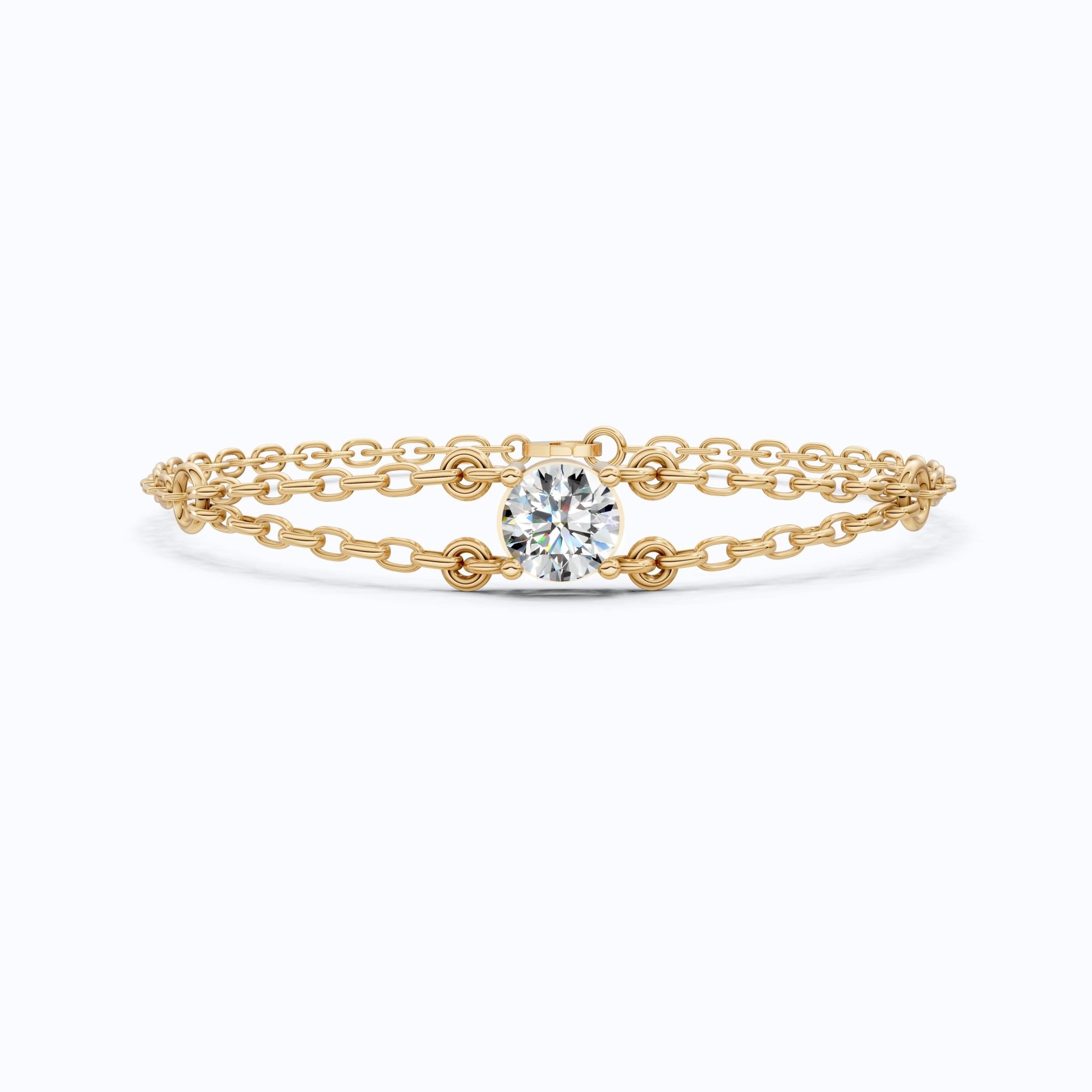 Minimalist Bezel Solitaire Double - Chain Bracelet in 14k Solid Gold, 1.00 CT Round Cut Lab Grown Diamond, Wedding Bracelet Gift for Women - Shoora Designs