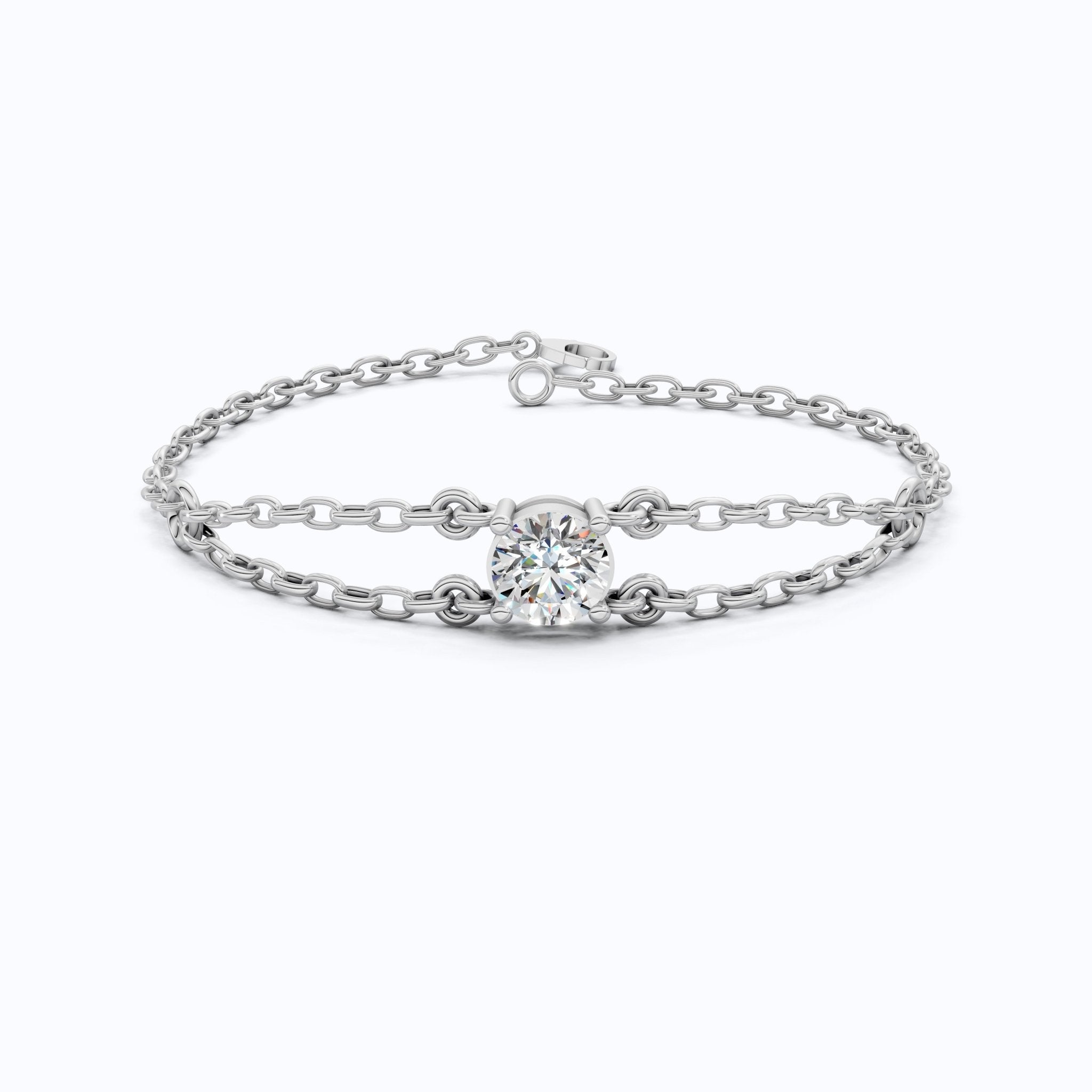 Minimalist Bezel Solitaire Double - Chain Bracelet in 14k Solid Gold, 1.00 CT Round Cut Lab Grown Diamond, Wedding Bracelet Gift for Women - Shoora Designs