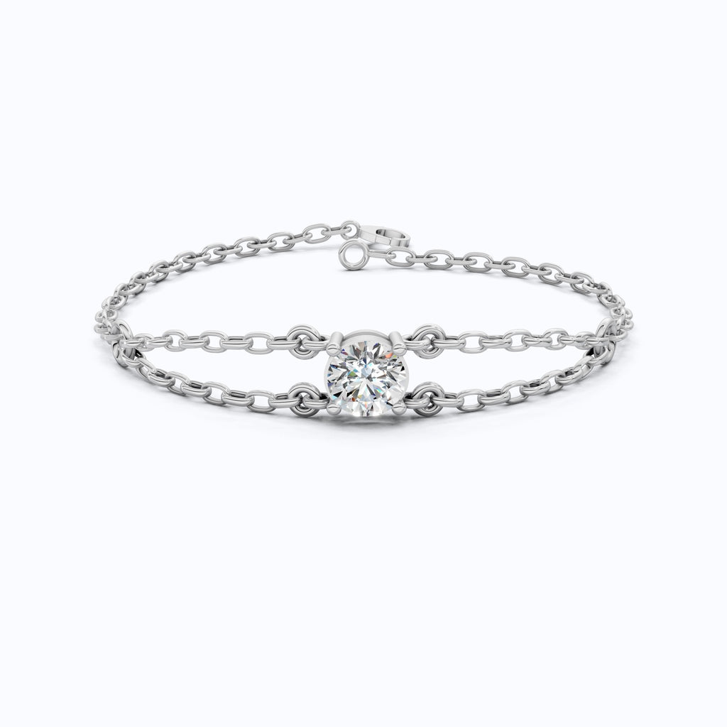 Minimalist Bezel Solitaire Double - Chain Bracelet in 14k Solid Gold, 1.00 CT Round Cut Lab Grown Diamond, Wedding Bracelet Gift for Women - Shoora Designs
