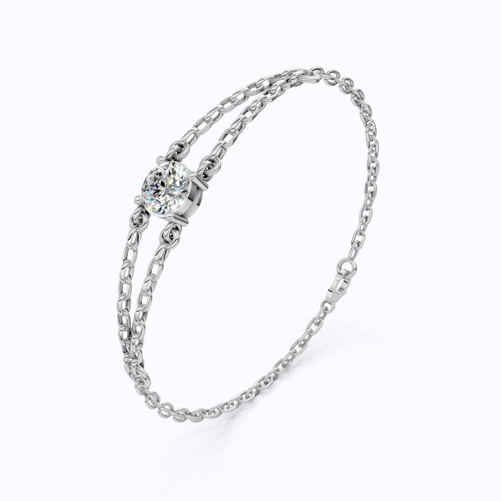 Minimalist Bezel Solitaire Double - Chain Bracelet in 14k Solid Gold, 1.00 CT Round Cut Lab Grown Diamond, Wedding Bracelet Gift for Women - Shoora Designs