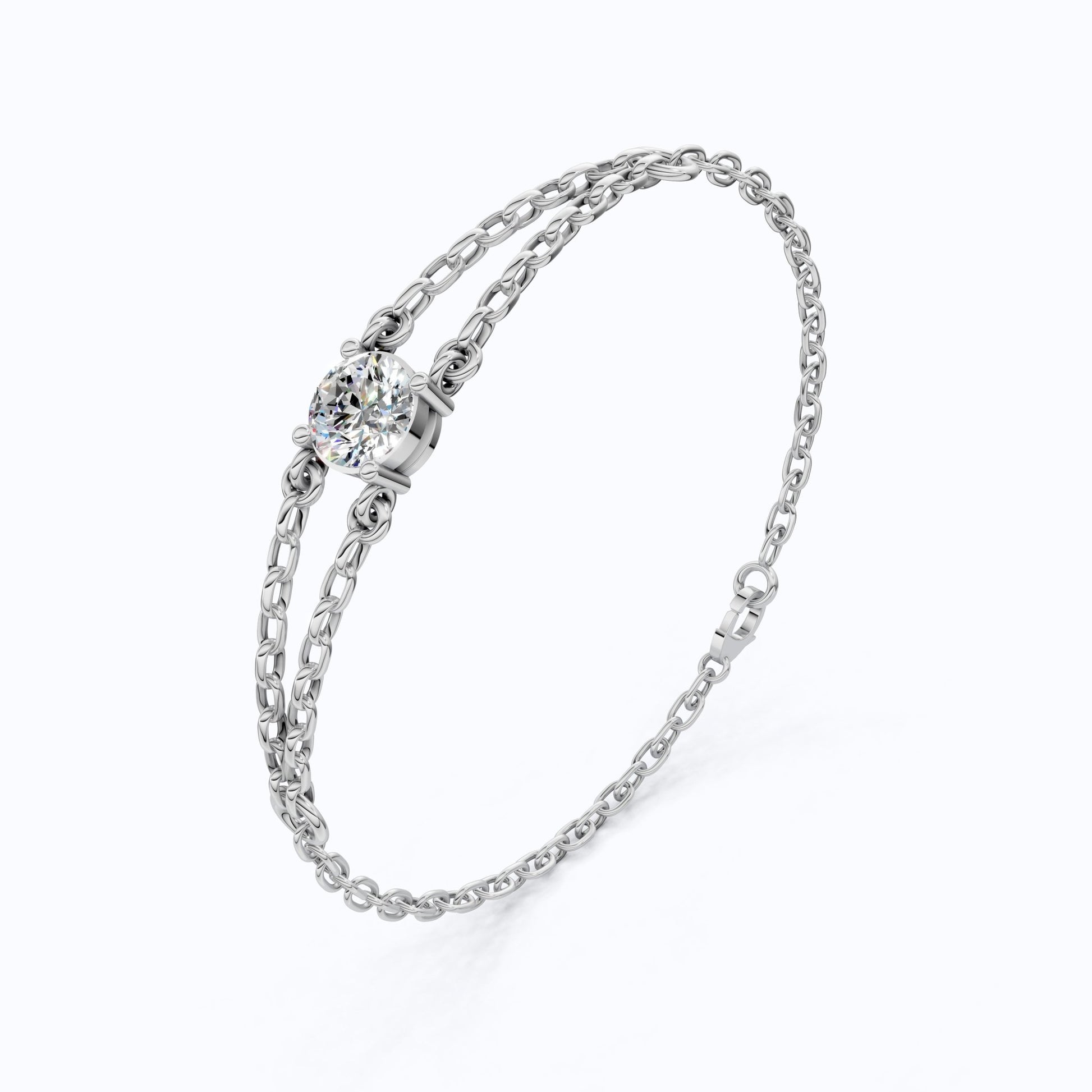 Minimalist Bezel Solitaire Double - Chain Bracelet in 14k Solid Gold, 1.00 CT Round Cut Lab Grown Diamond, Wedding Bracelet Gift for Women - Shoora Designs