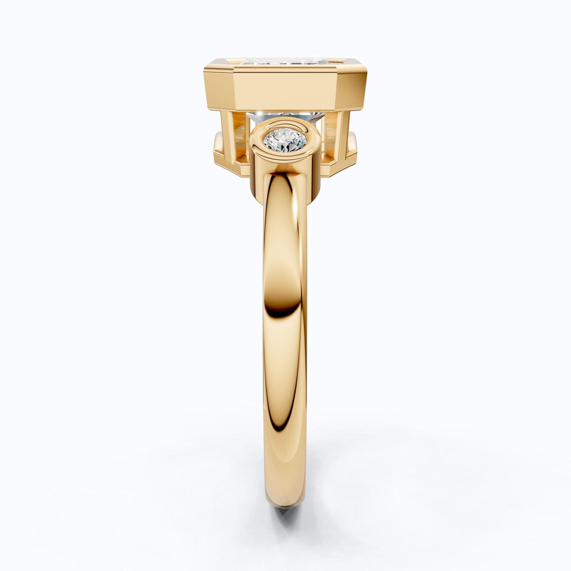 Minimalist Emerald Cut Bezel Accent Three Stone Engagement Ring in 14K Solid Gold, 1.75 CT Emerald Cut Lab Created Diamond, Bridal Jewelry, Everyday Ring - Shoora Designs