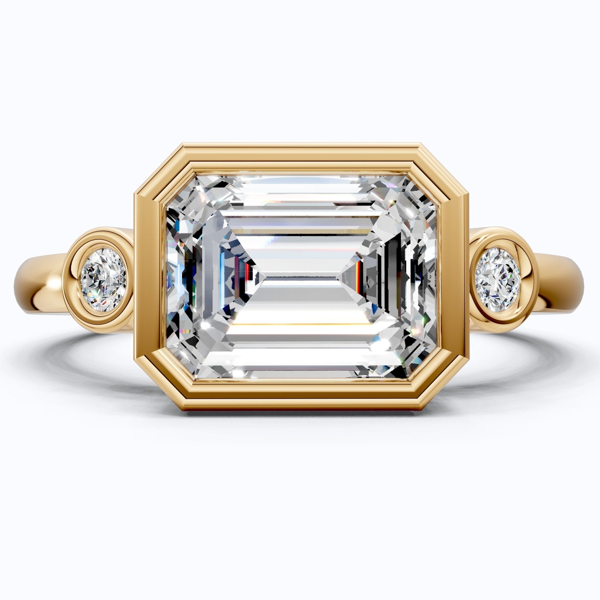 Minimalist Emerald Cut Bezel Accent Three Stone Engagement Ring in 14K Solid Gold, 1.75 CT Emerald Cut Lab Created Diamond, Bridal Jewelry, Everyday Ring - Shoora Designs