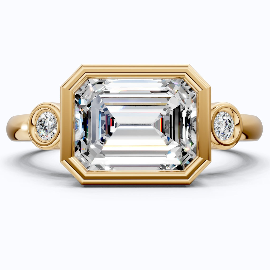 Minimalist Emerald Cut Bezel Accent Three Stone Engagement Ring in 14K Solid Gold, 1.75 CT Emerald Cut Lab Created Diamond, Bridal Jewelry, Everyday Ring - Shoora Designs