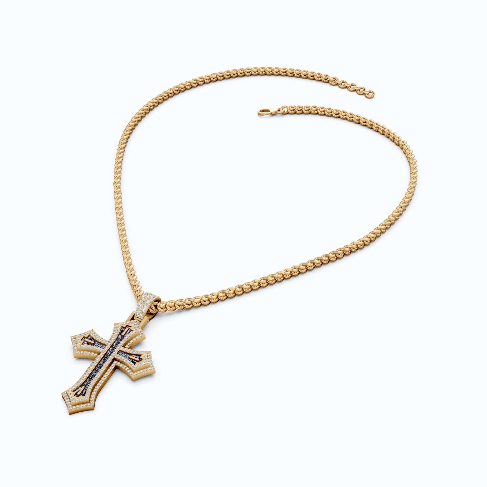 Modern Baguette Channel Iced Cross Halo Hip - Hop Pendant in Lab Diamond or Gemstone – Solid 10k/14k Gold or Sterling Silver, Wedding Gift for Him/Her, Faith Gift - Shoora Designs