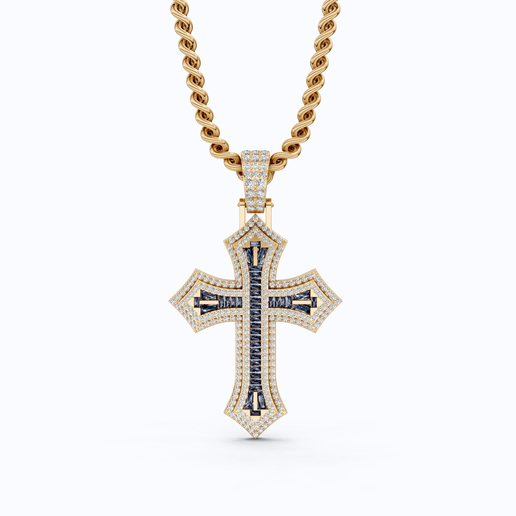 Modern Baguette Channel Iced Cross Halo Hip - Hop Pendant in Lab Diamond or Gemstone – Solid 10k/14k Gold or Sterling Silver, Wedding Gift for Him/Her, Faith Gift - Shoora Designs