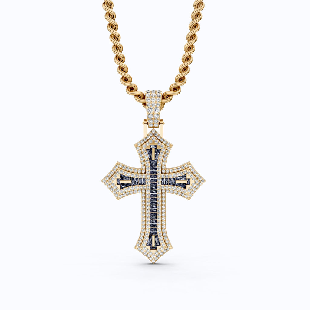Modern Baguette Channel Iced Cross Halo Hip - Hop Pendant in Lab Diamond or Gemstone – Solid 10k/14k Gold or Sterling Silver, Wedding Gift for Him/Her, Faith Gift - Shoora Designs