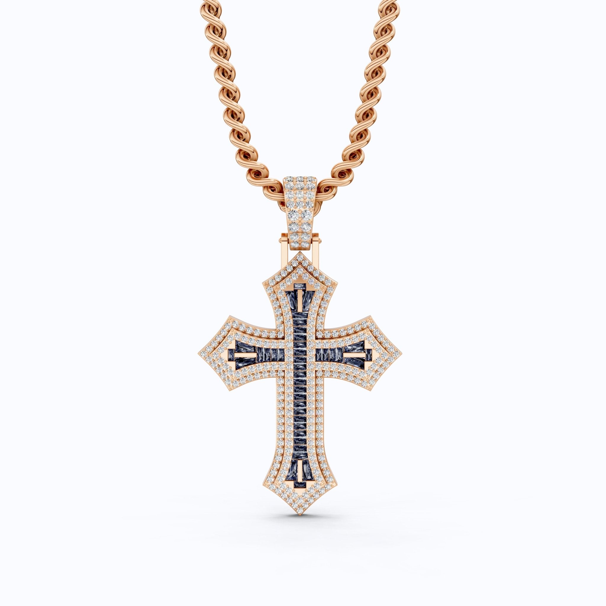 Modern Baguette Channel Iced Cross Halo Hip - Hop Pendant in Lab Diamond or Gemstone – Solid 10k/14k Gold or Sterling Silver, Wedding Gift for Him/Her, Faith Gift - Shoora Designs