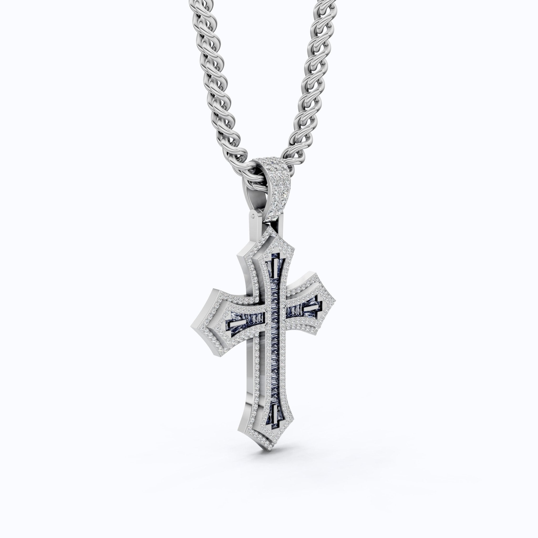 Modern Baguette Channel Iced Cross Halo Hip - Hop Pendant in Lab Diamond or Gemstone – Solid 10k/14k Gold or Sterling Silver, Wedding Gift for Him/Her, Faith Gift - Shoora Designs