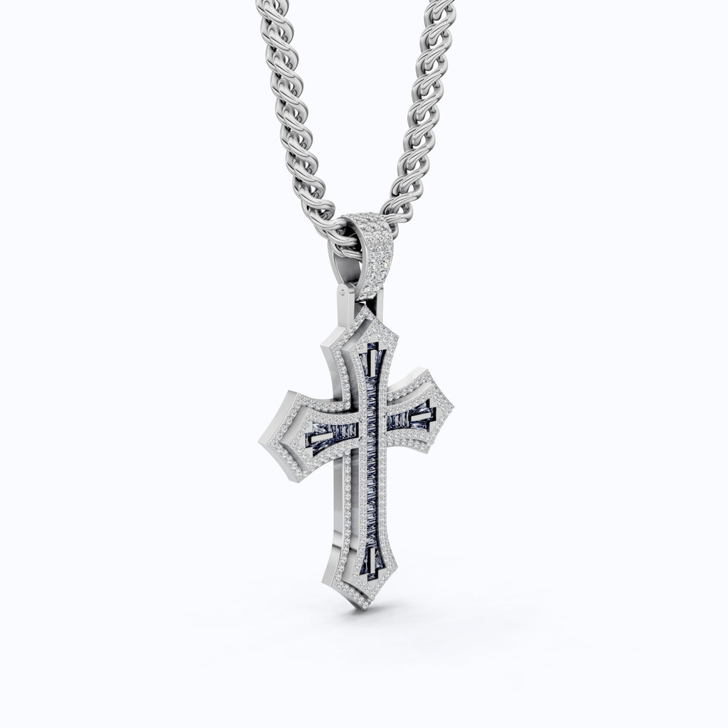 Modern Baguette Channel Iced Cross Halo Hip - Hop Pendant in Lab Diamond or Gemstone – Solid 10k/14k Gold or Sterling Silver, Wedding Gift for Him/Her, Faith Gift - Shoora Designs
