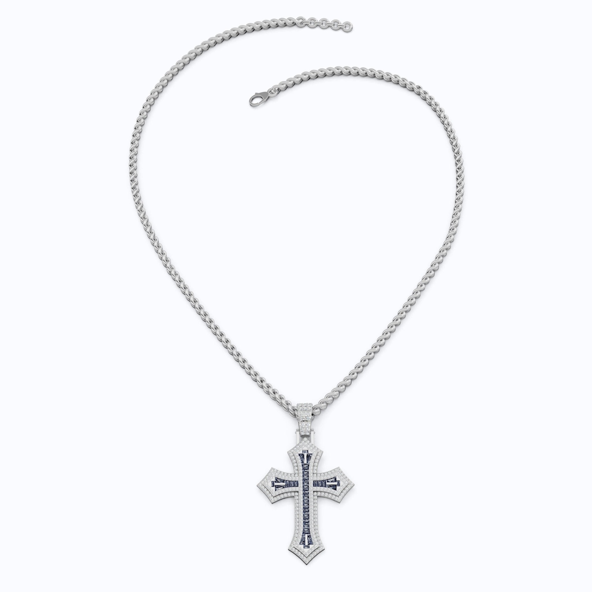 Modern Baguette Channel Iced Cross Halo Hip - Hop Pendant in Lab Diamond or Gemstone – Solid 10k/14k Gold or Sterling Silver, Wedding Gift for Him/Her, Faith Gift - Shoora Designs
