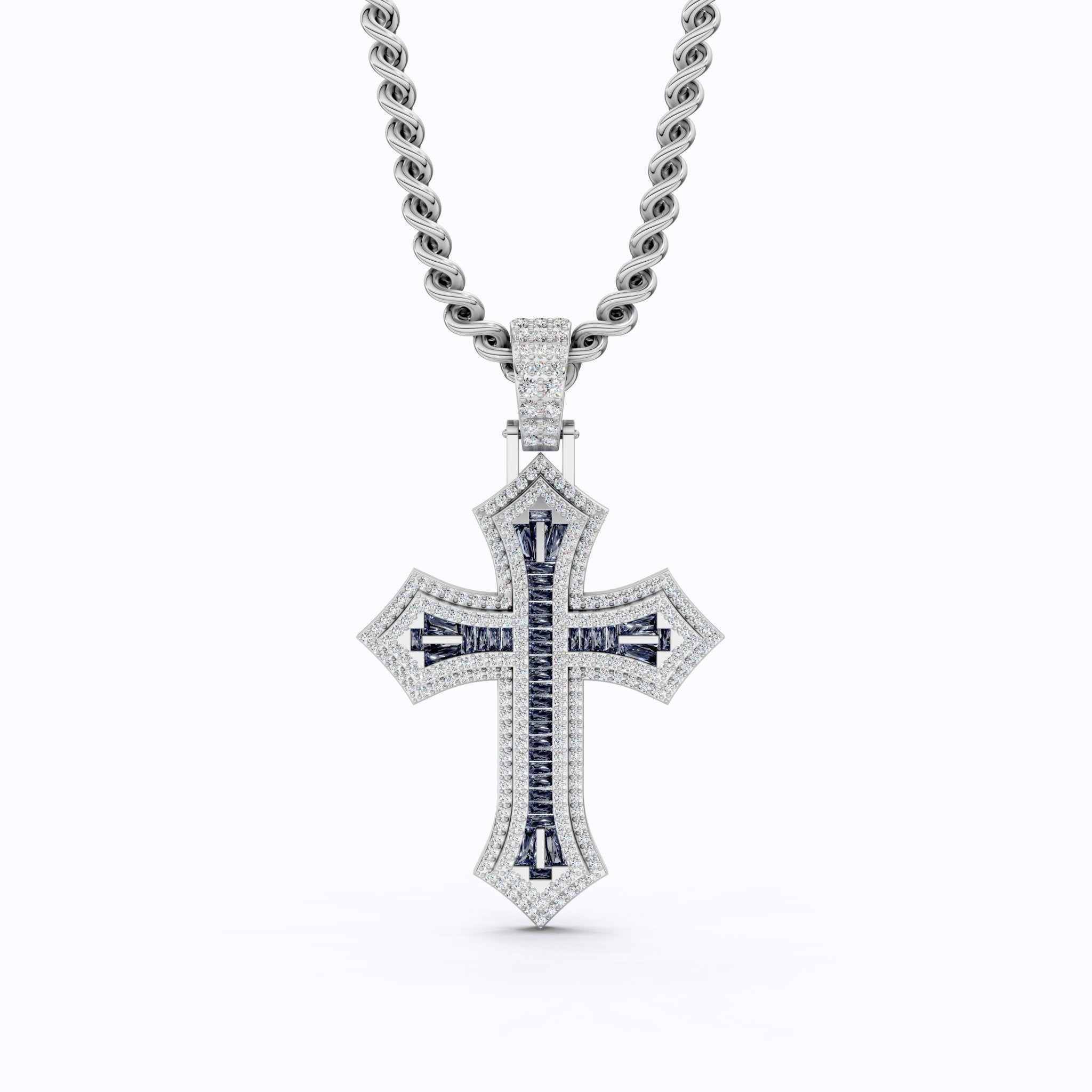 Modern Baguette Channel Iced Cross Halo Hip - Hop Pendant in Lab Diamond or Gemstone – Solid 10k/14k Gold or Sterling Silver, Wedding Gift for Him/Her, Faith Gift - Shoora Designs