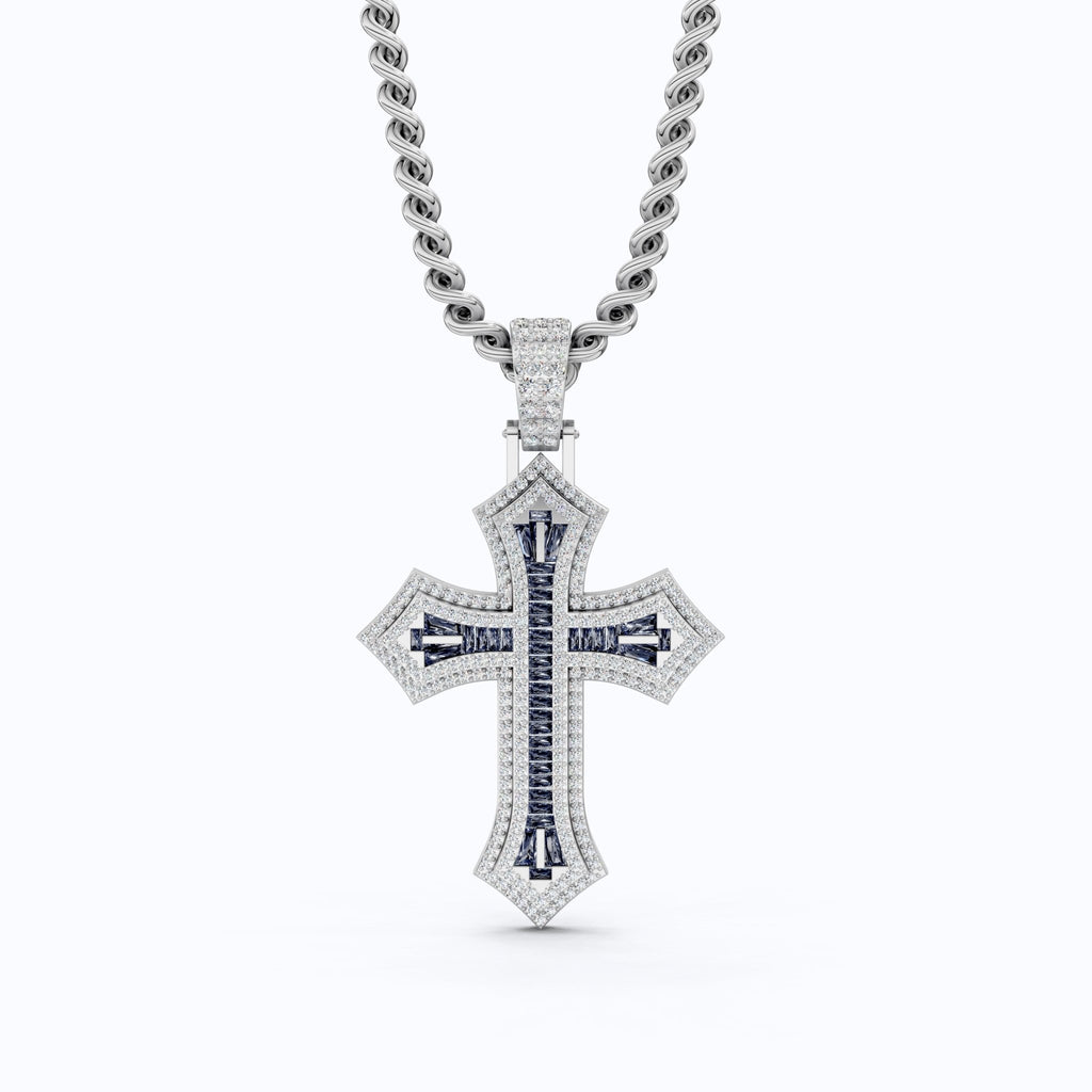 Modern Baguette Channel Iced Cross Halo Hip - Hop Pendant in Lab Diamond or Gemstone – Solid 10k/14k Gold or Sterling Silver, Wedding Gift for Him/Her, Faith Gift - Shoora Designs