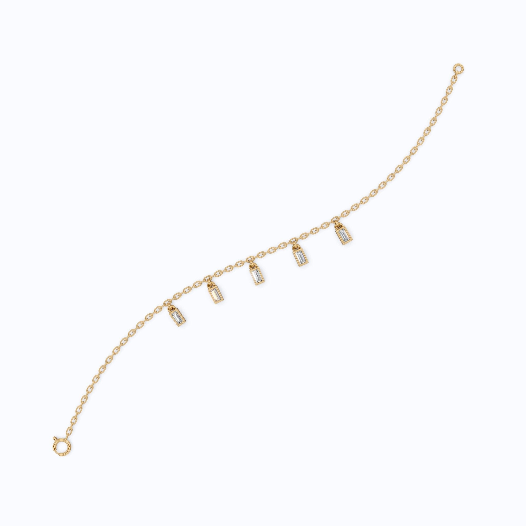 Modern Baguette Drop Charm Bracelet in 14k Solid Gold, 0.7 TCW Baguette Cut Lab Created Diamonds, Gift for Her, Bridal Jewelry - Shoora Designs
