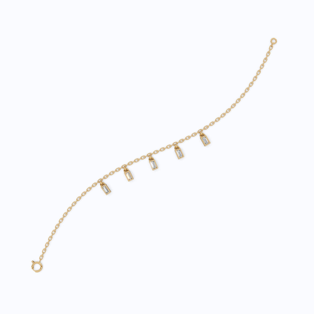 Modern Baguette Drop Charm Bracelet in 14k Solid Gold, 0.7 TCW Baguette Cut Lab Created Diamonds, Gift for Her, Bridal Jewelry - Shoora Designs