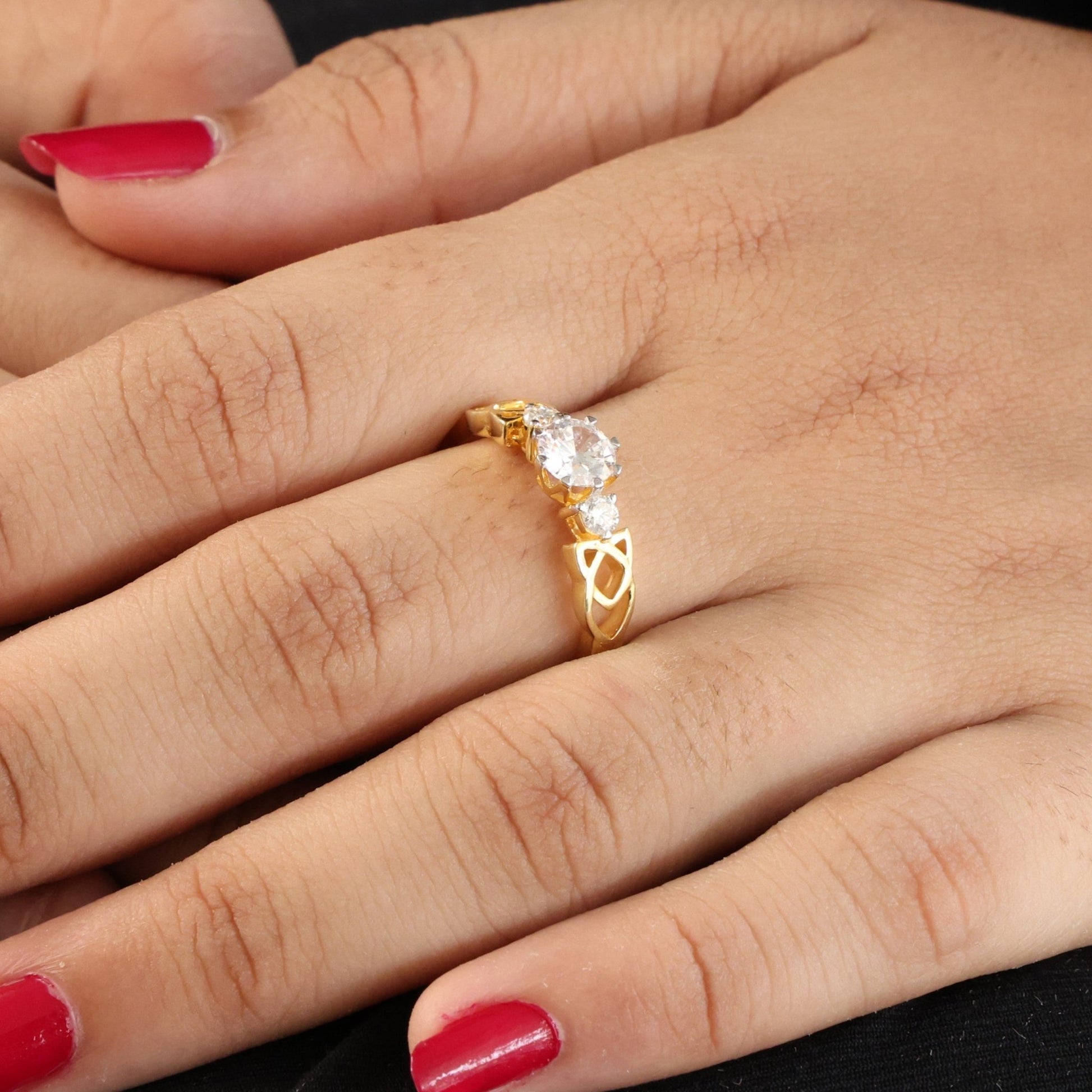 Modern Celtic Knot Trilogy Engagement Ring in 14K Solid Gold, 0.84 CT Round Cut Lab Created Diamond,Promise Ring, Anniversary Gift For Her - Shoora Designs