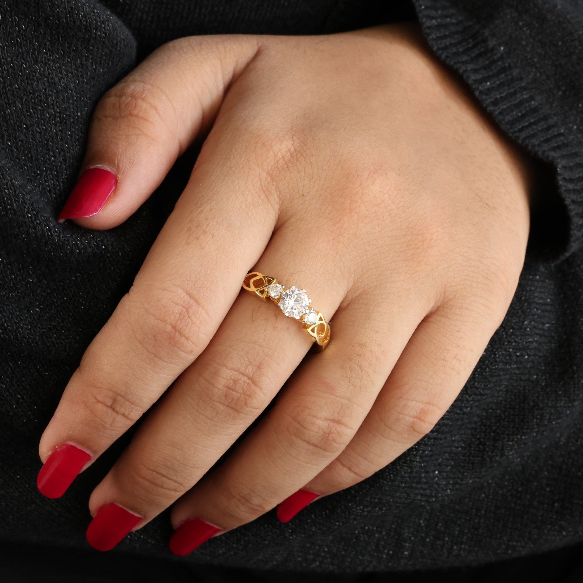 Modern Celtic Knot Trilogy Engagement Ring in 14K Solid Gold, 0.84 CT Round Cut Lab Created Diamond,Promise Ring, Anniversary Gift For Her - Shoora Designs