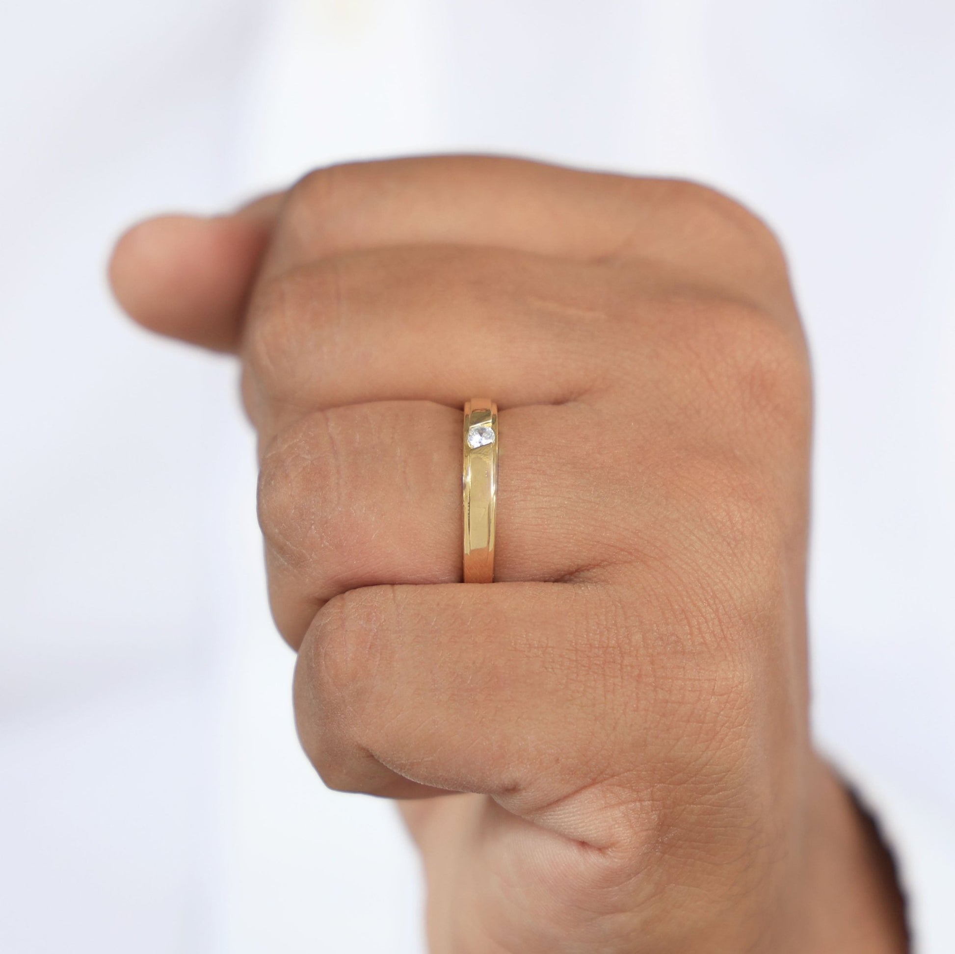 Modern Half - Bezel Solitaire Wedding Band in 14k Solid Gold, 0.10 CT Round Cut Lab Grown Diamond, Birthday Gift for Him, Anniversary Gift - Shoora Designs