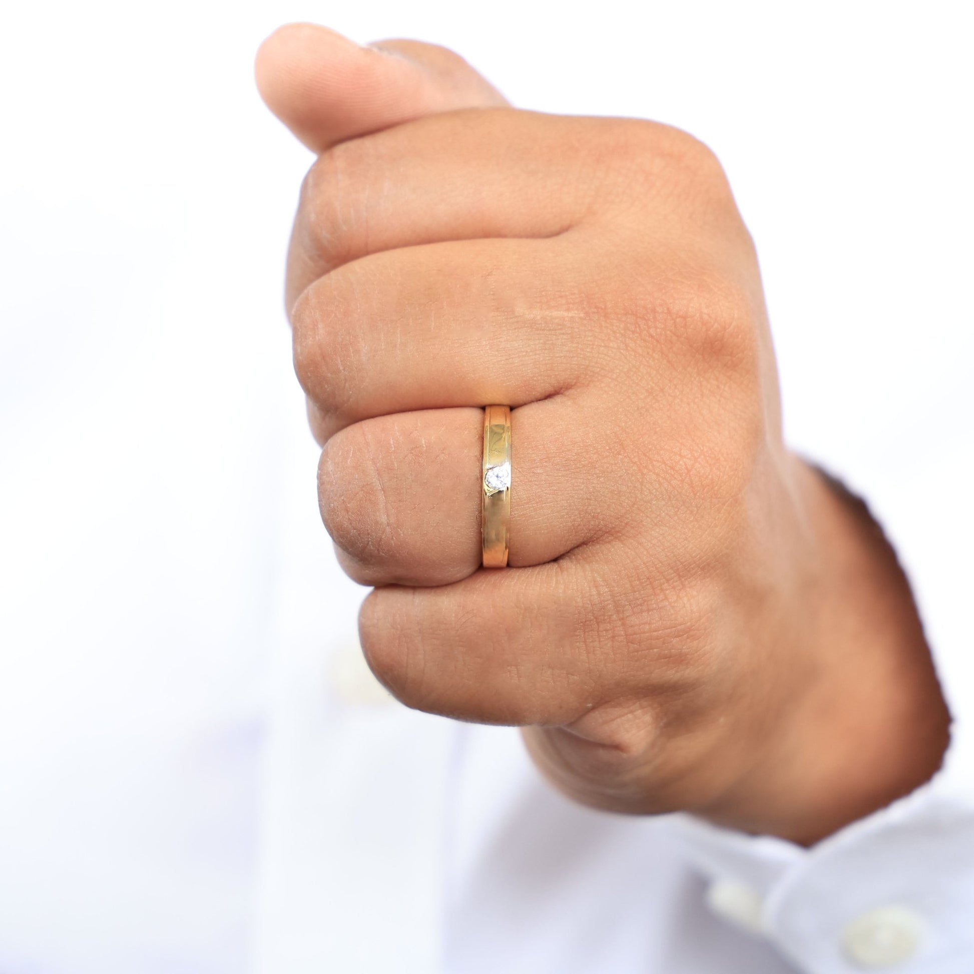 Modern Half - Bezel Solitaire Wedding Band in 14k Solid Gold, 0.10 CT Round Cut Lab Grown Diamond, Birthday Gift for Him, Anniversary Gift - Shoora Designs