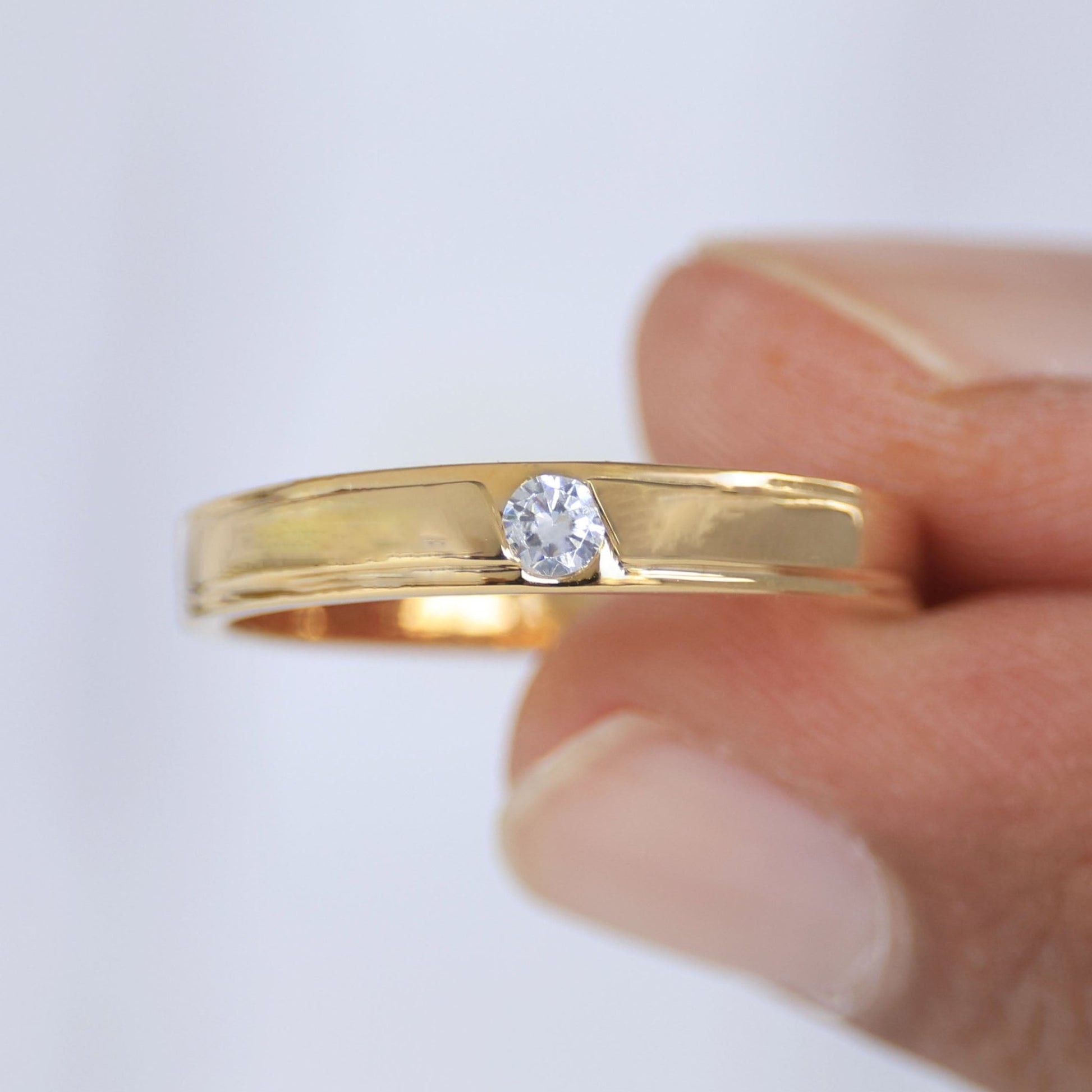 Modern Half - Bezel Solitaire Wedding Band in 14k Solid Gold, 0.10 CT Round Cut Lab Grown Diamond, Birthday Gift for Him, Anniversary Gift - Shoora Designs