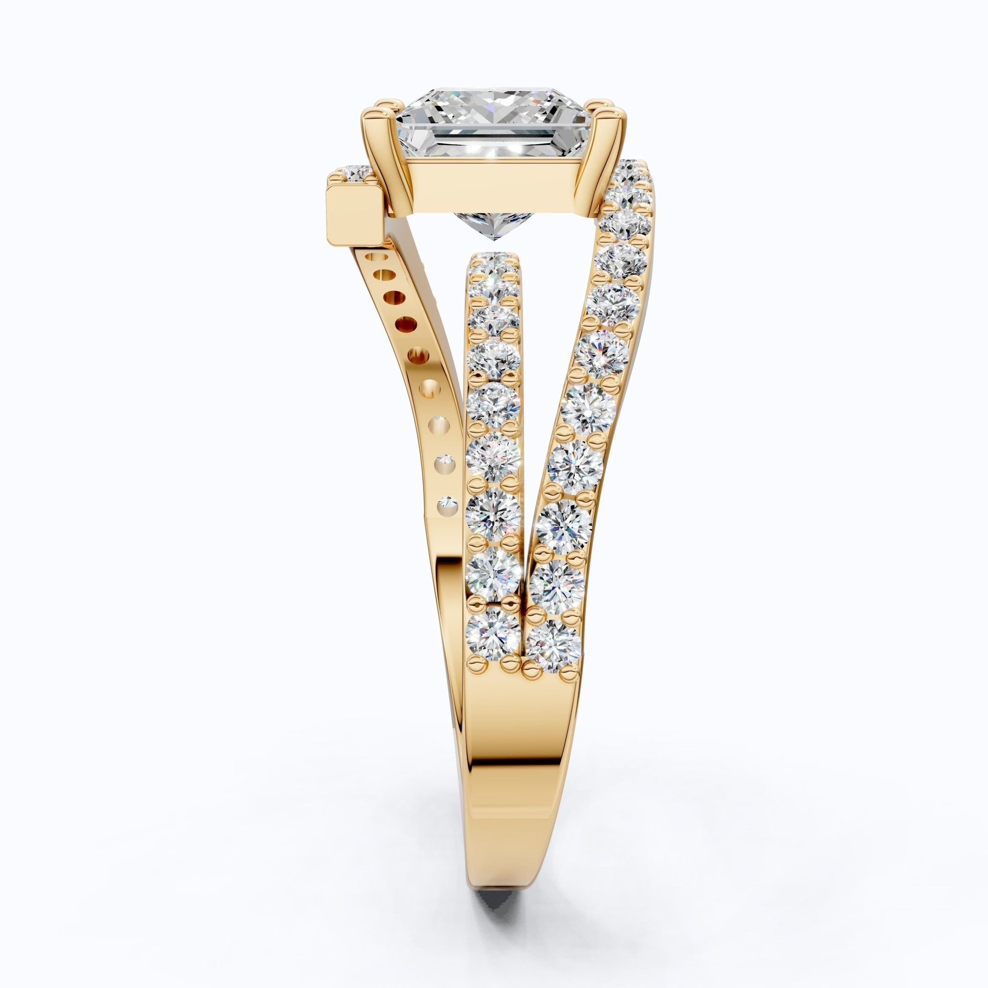 Modern Halo Split Shank Bypass Engagement Ring in 14K Solid Gold, 1.50 CT Princess Cut Lab Grown Diamond, Wedding Gift For Her - Shoora Designs