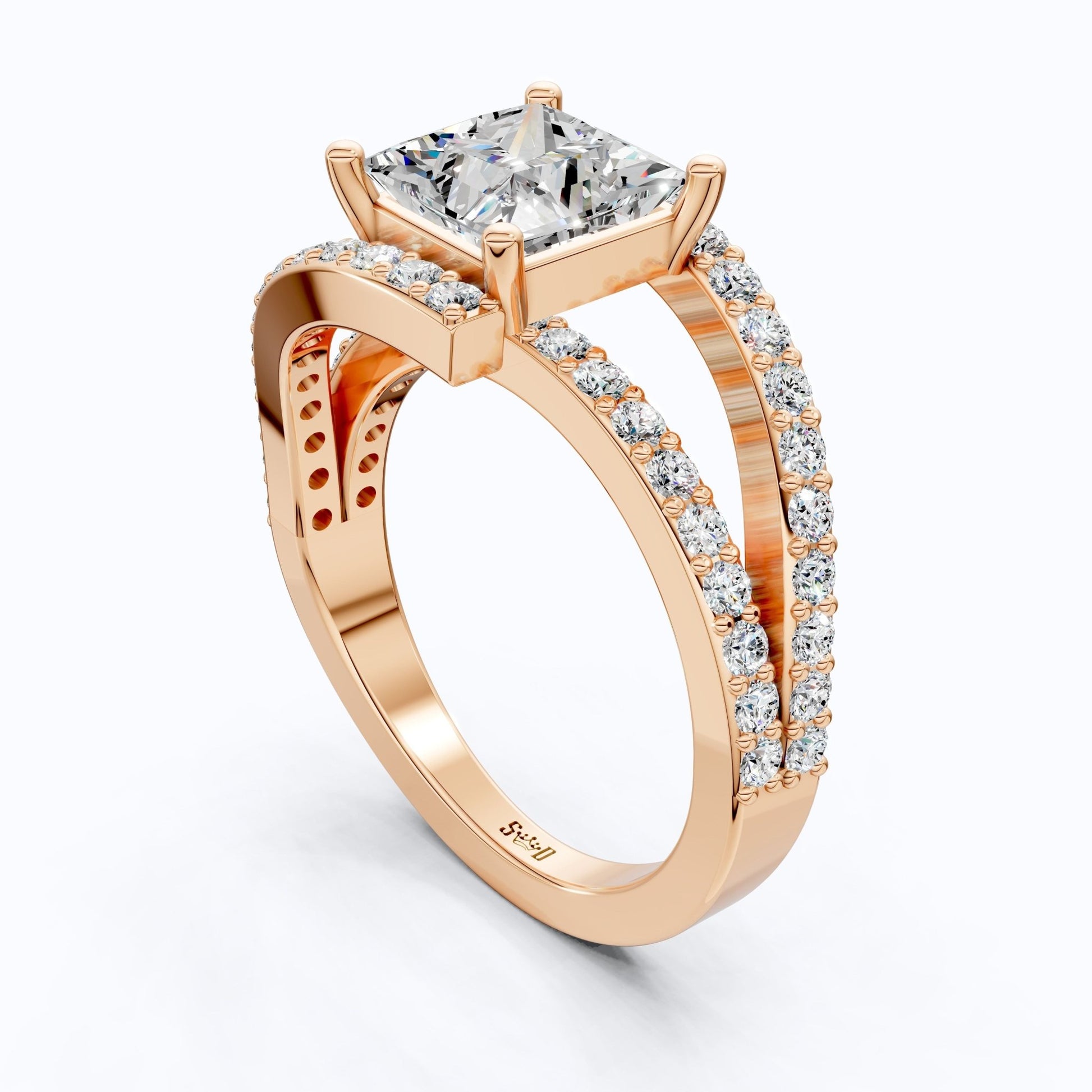 Modern Halo Split Shank Bypass Engagement Ring in 14K Solid Gold, 1.50 CT Princess Cut Lab Grown Diamond, Wedding Gift For Her - Shoora Designs