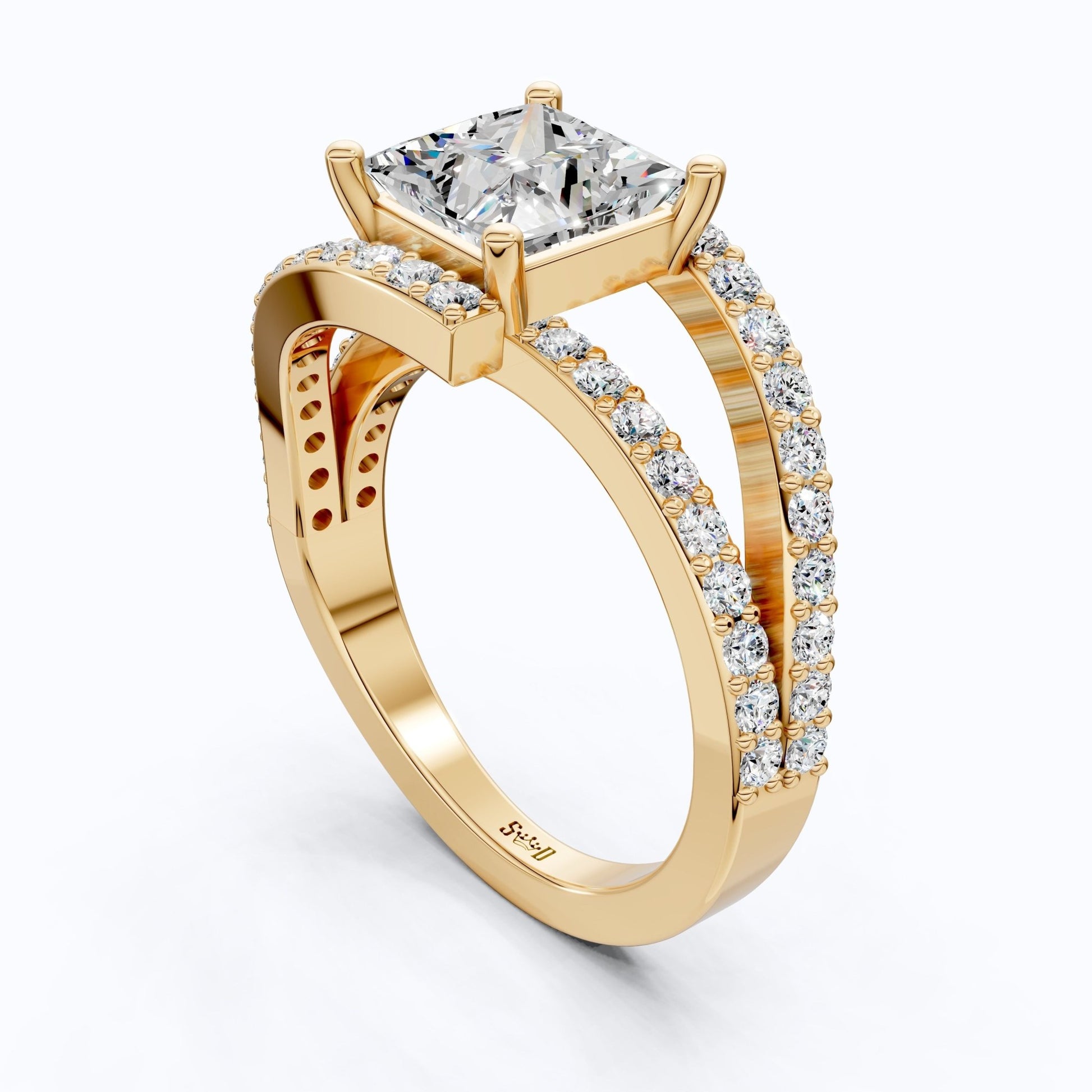 Modern Halo Split Shank Bypass Engagement Ring in 14K Solid Gold, 1.50 CT Princess Cut Lab Grown Diamond, Wedding Gift For Her - Shoora Designs