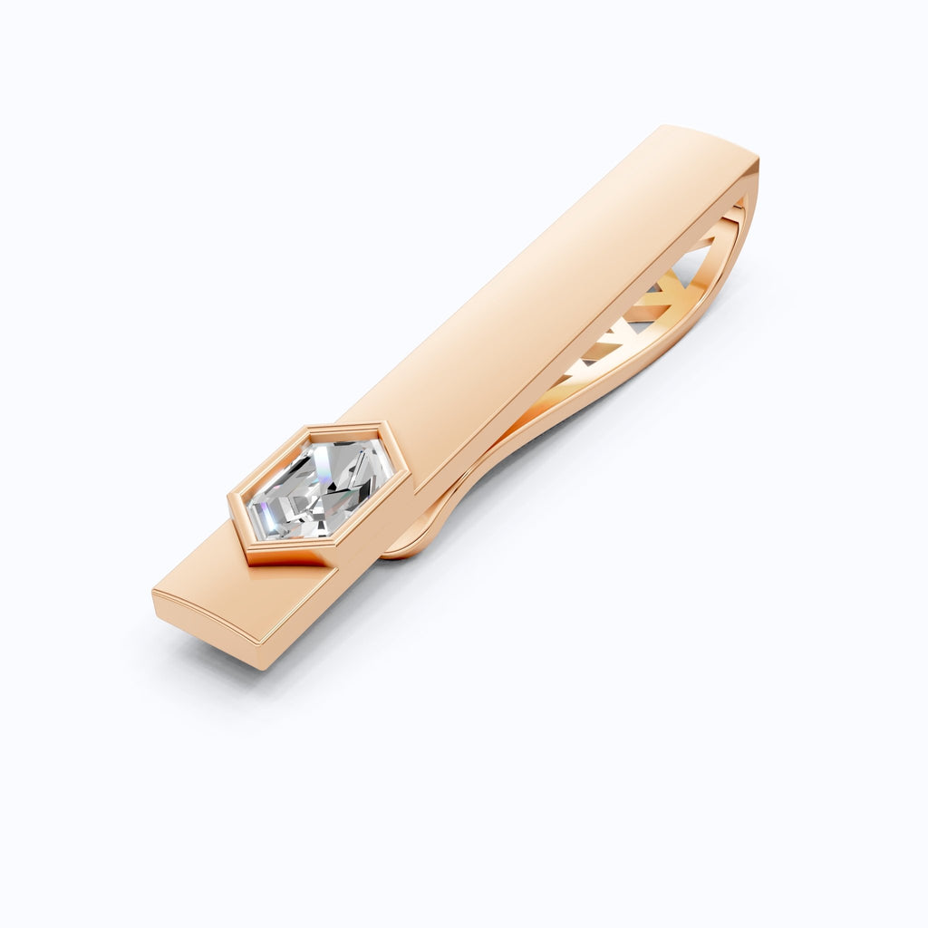 Modern Hexagon Diamond Tie Bar in 14K Rose Gold, Groom Gift, Business Formal Jewelry, Executive Gift - Shoora Designs