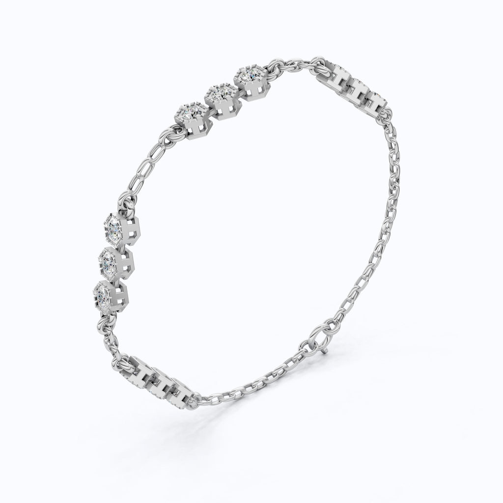 Modern Hexagon Station Link Bracelet in 14K Solid Gold, 1.03 TCW Round Cut Lab Grown Diamonds, Gift for Her, Wedding Jewelry - Shoora Designs
