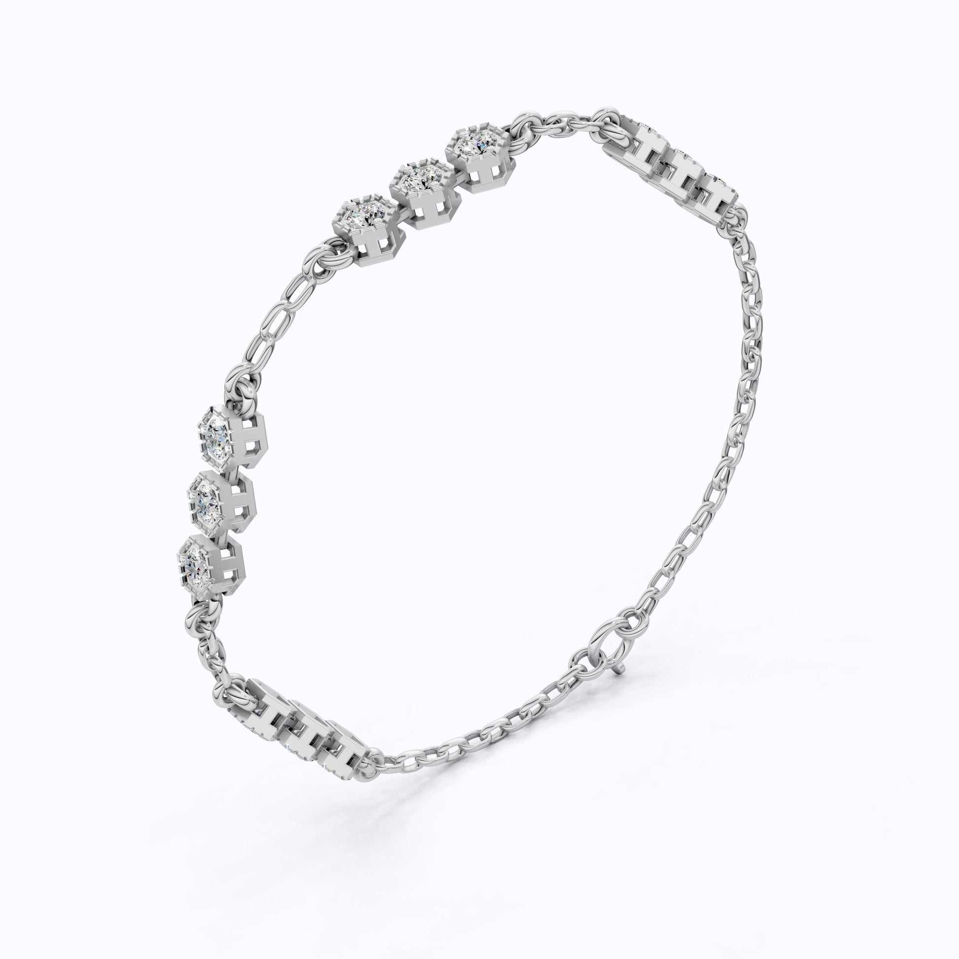 Modern Hexagon Station Link Bracelet in 14K Solid Gold, 1.03 TCW Round Cut Lab Grown Diamonds, Gift for Her, Wedding Jewelry - Shoora Designs