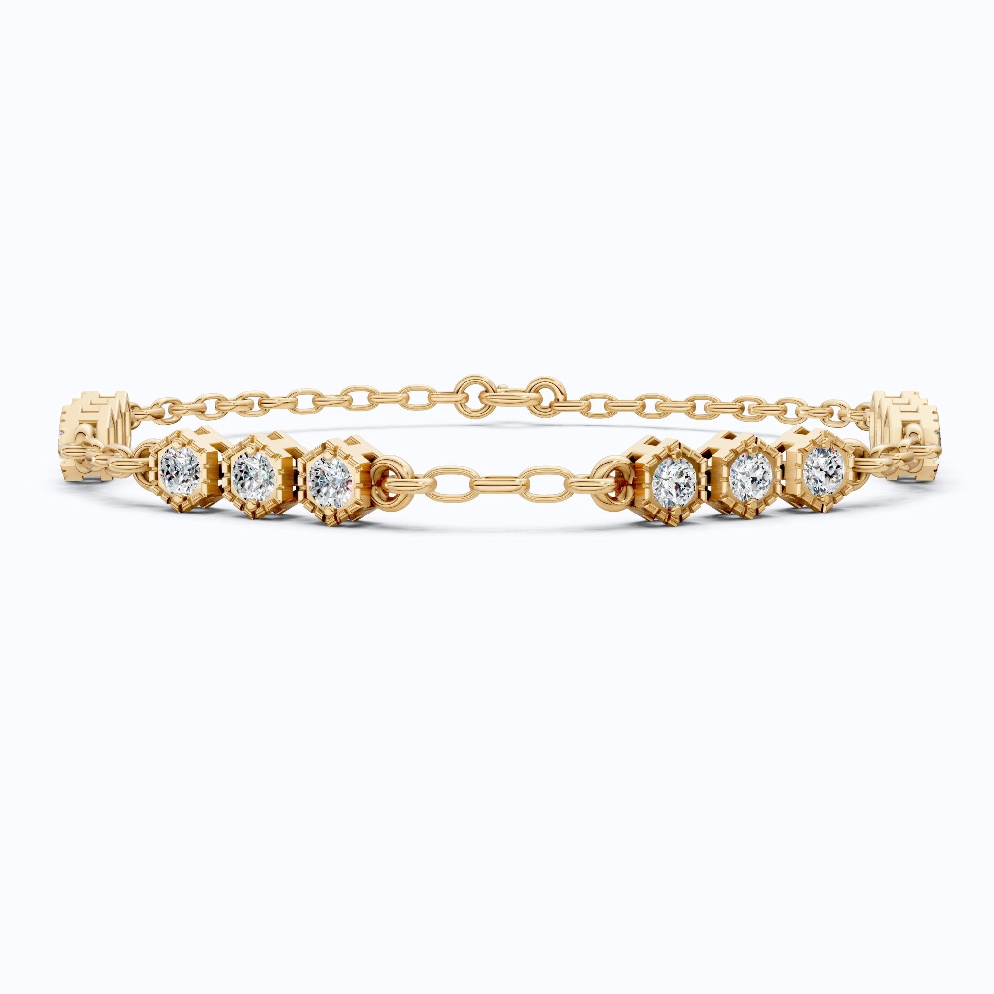 Modern Hexagon Station Link Bracelet in 14K Solid Gold, 1.03 TCW Round Cut Lab Grown Diamonds, Gift for Her, Wedding Jewelry - Shoora Designs