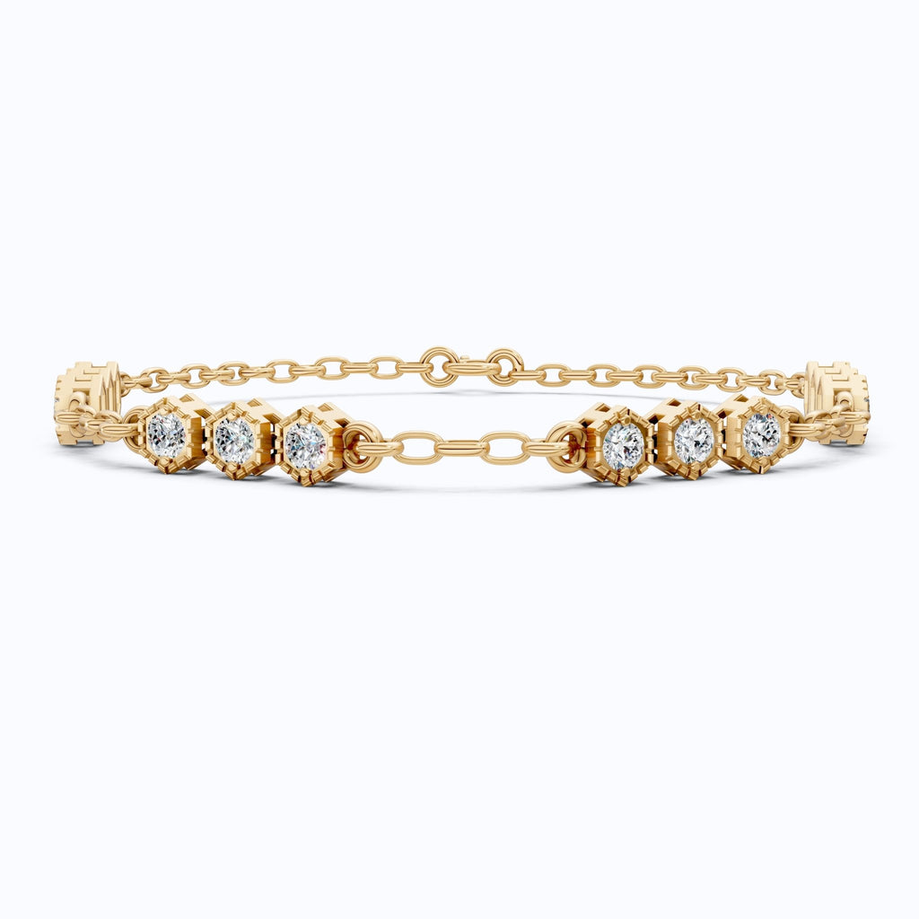 Modern Hexagon Station Link Bracelet in 14K Solid Gold, 1.03 TCW Round Cut Lab Grown Diamonds, Gift for Her, Wedding Jewelry - Shoora Designs