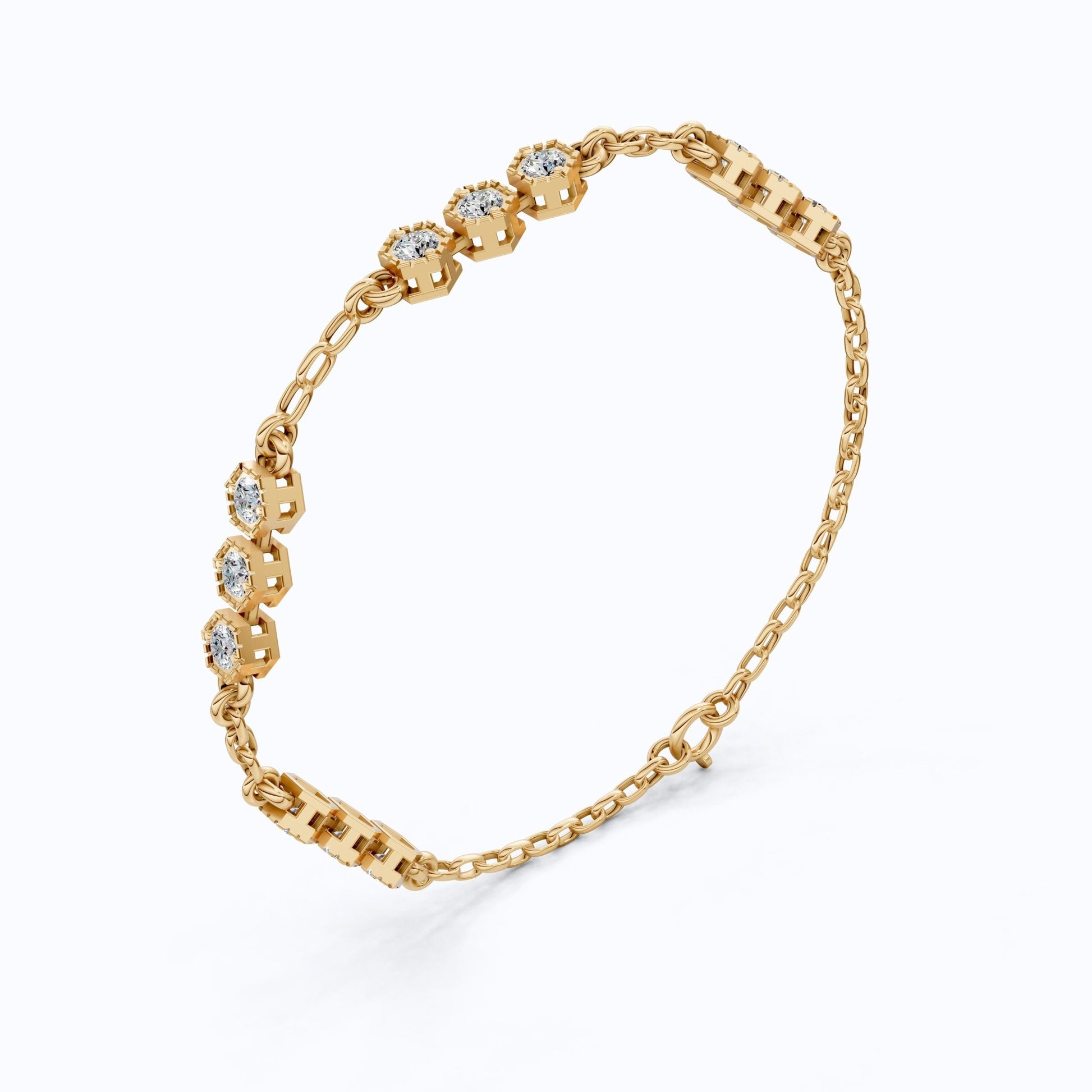 Modern Hexagon Station Link Bracelet in 14K Solid Gold, 1.03 TCW Round Cut Lab Grown Diamonds, Gift for Her, Wedding Jewelry - Shoora Designs