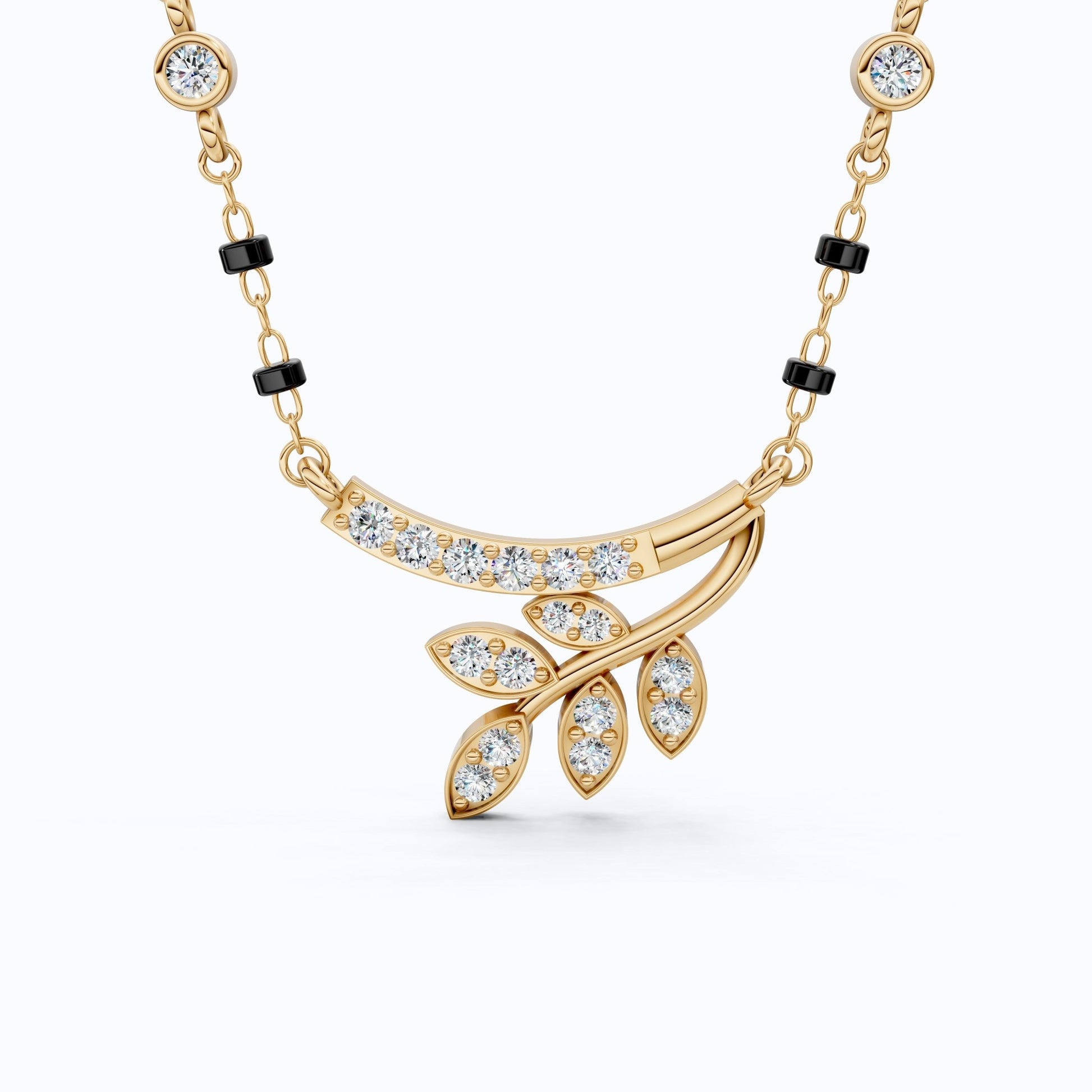 Modern Leaf Branch Tanmaniya Mangalsutra in 14K Solid Gold, 0.41 Round Cut Lab Grown Diamonds, Anniversary Gift for Wife, Everyday Jewelry - Shoora Designs