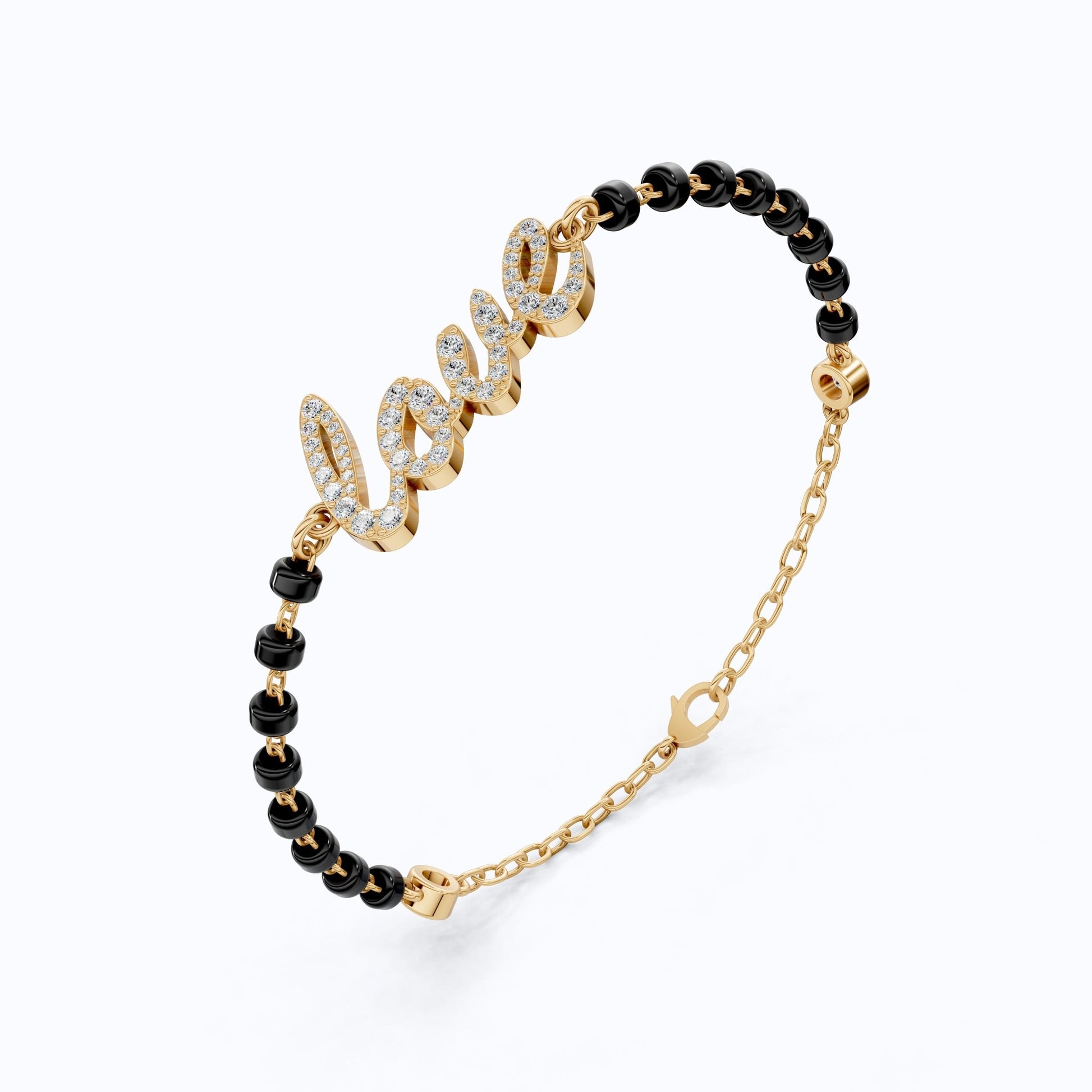 Modern Love Letter Mangalsutra Beaded Chain Bracelet in 14K Solid Gold, 0.88 TCW Round Cut Lab Created Diamonds, Wedding Gift for Her, Christmas Gift - Shoora Designs