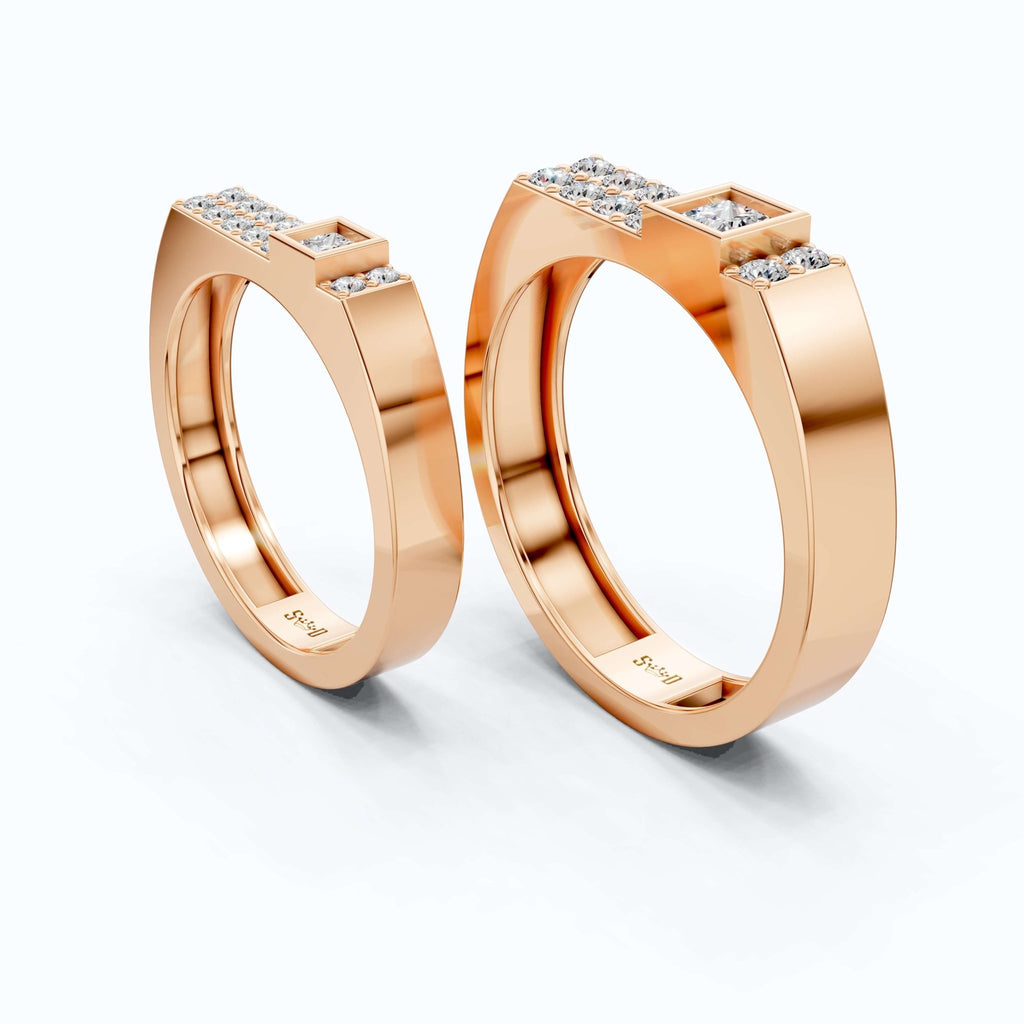 Modern Minimalist Geometric Couple Rings in 14k Rose Gold, 0.96 TCW Princess/Round Cut Lab Diamonds, Promise Rings, Wedding Gift for Couples - Shoora Designs