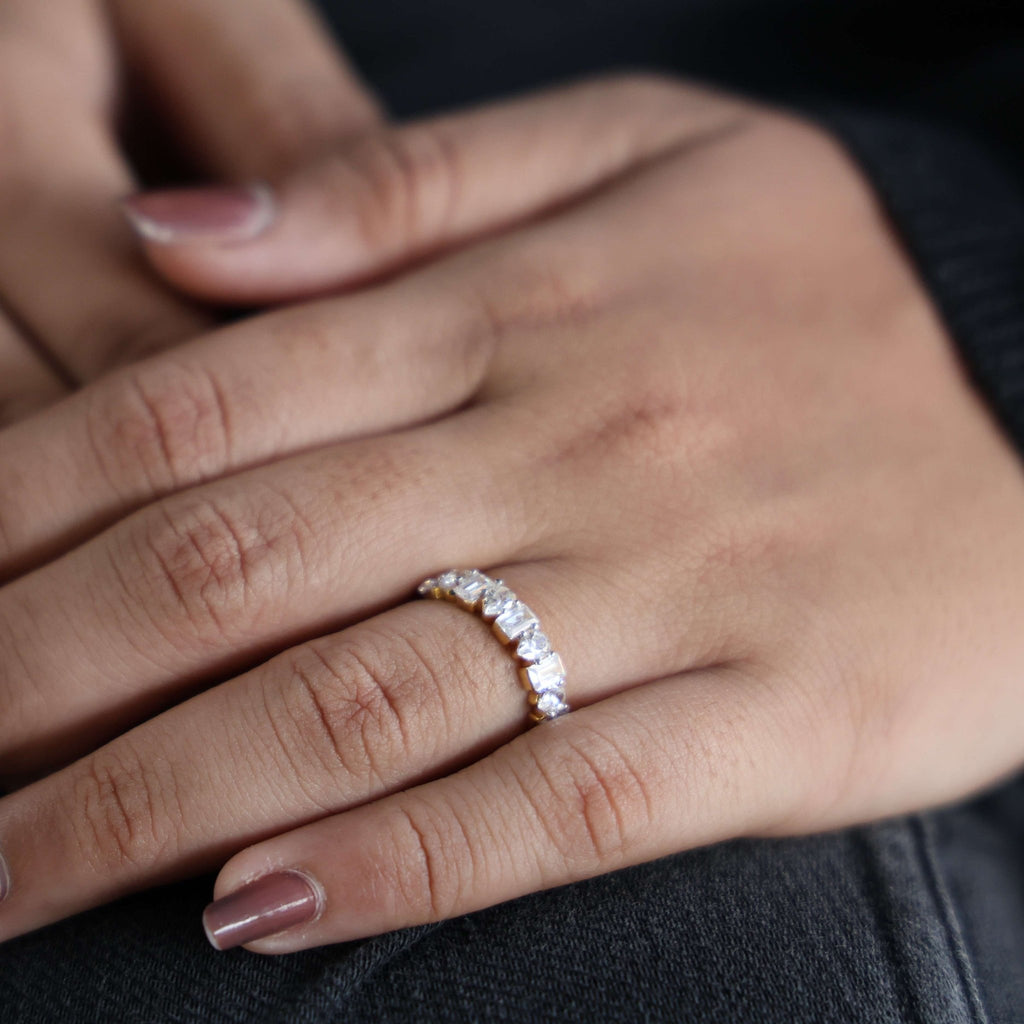 Modern Multi Shape Half Eternity Wedding Band in 14k Solid Gold, 1.47 TCW Pear/Baguette Cut Lab Grown Diamonds, Anniversary Gift for Wife, Everyday Band - Shoora Designs