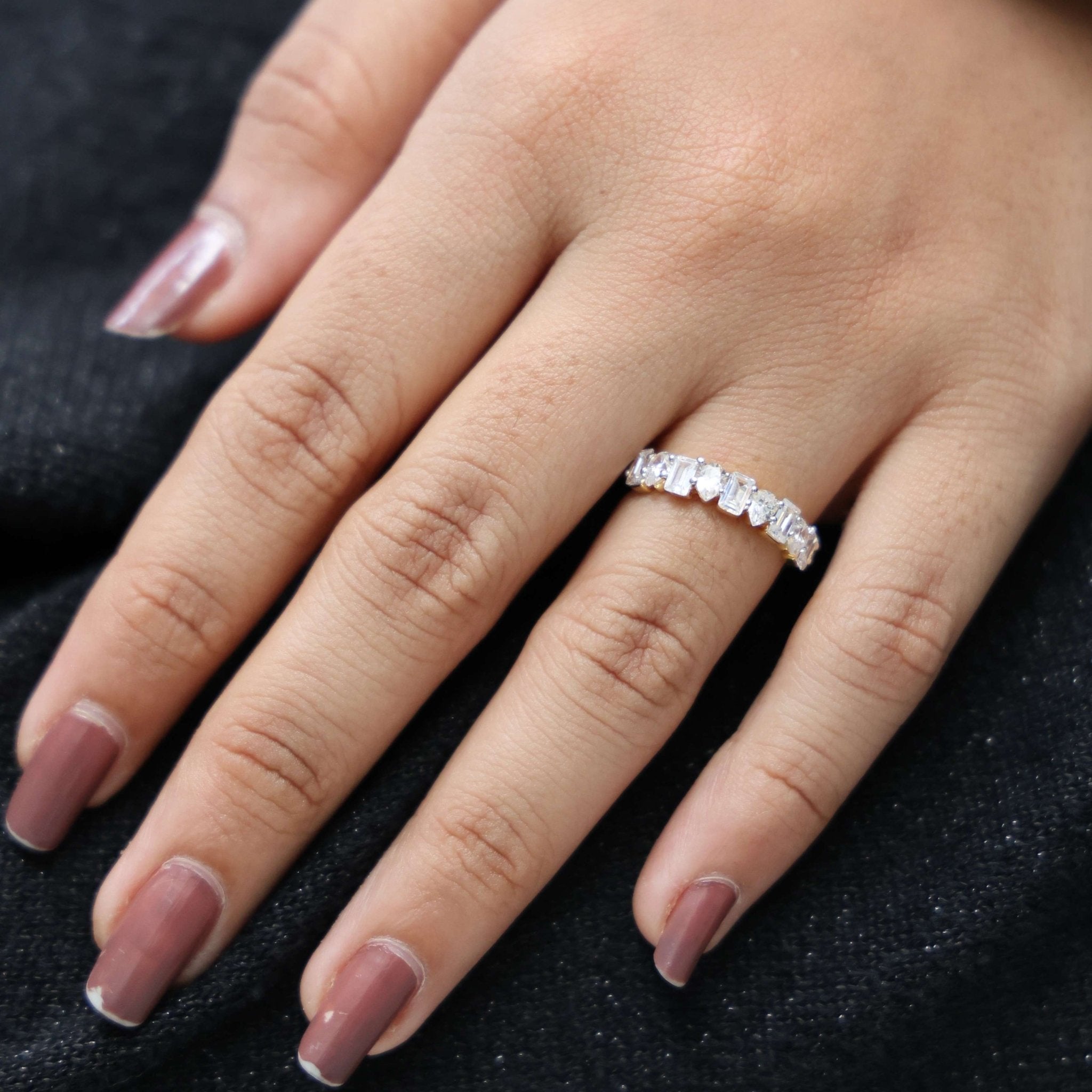 Modern Multi Shape Half Eternity Wedding Band in 14k Solid Gold, 1.47 TCW Pear/Baguette Cut Lab Grown Diamonds, Anniversary Gift for Wife, Everyday Band - Shoora Designs