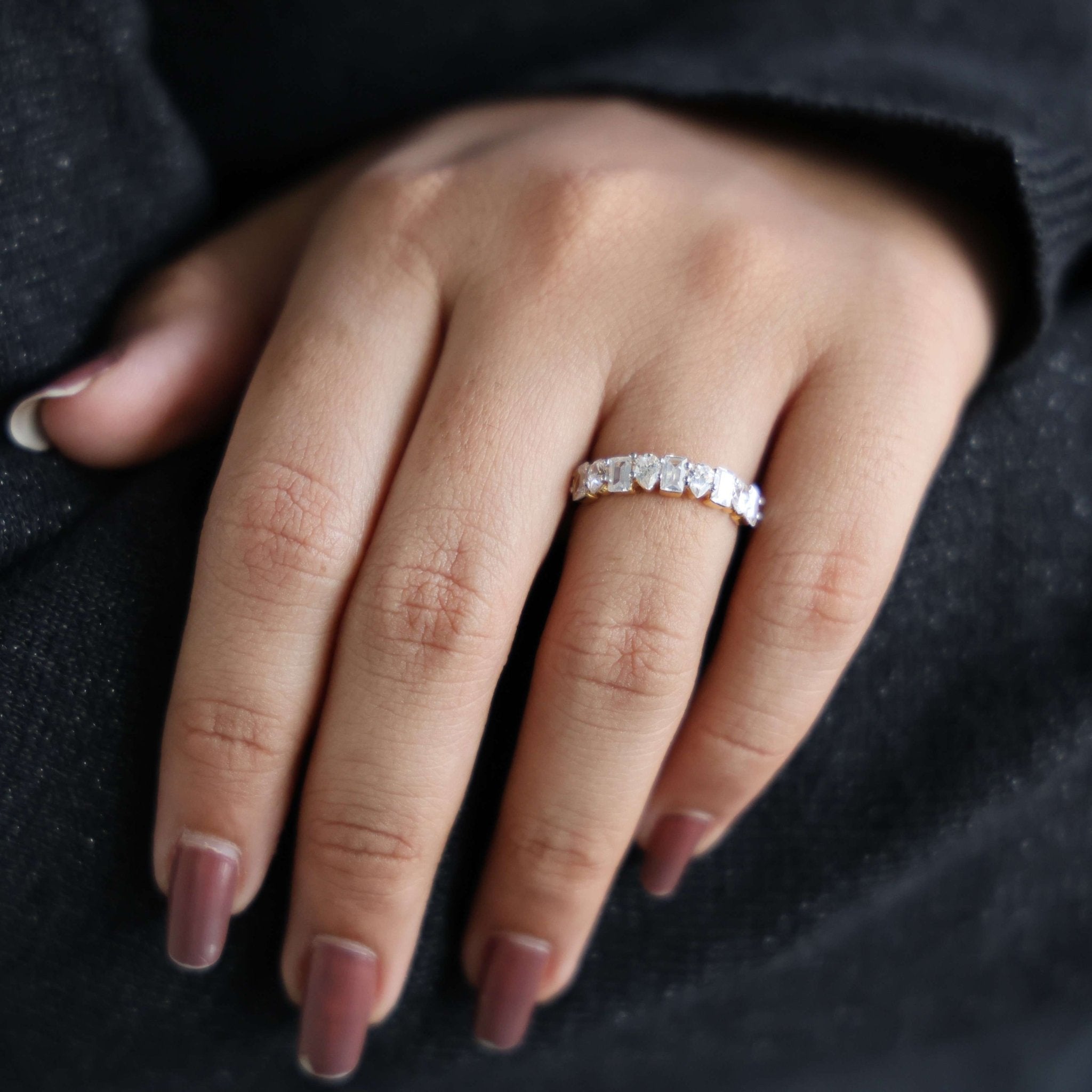 Modern Multi Shape Half Eternity Wedding Band in 14k Solid Gold, 1.47 TCW Pear/Baguette Cut Lab Grown Diamonds, Anniversary Gift for Wife, Everyday Band - Shoora Designs