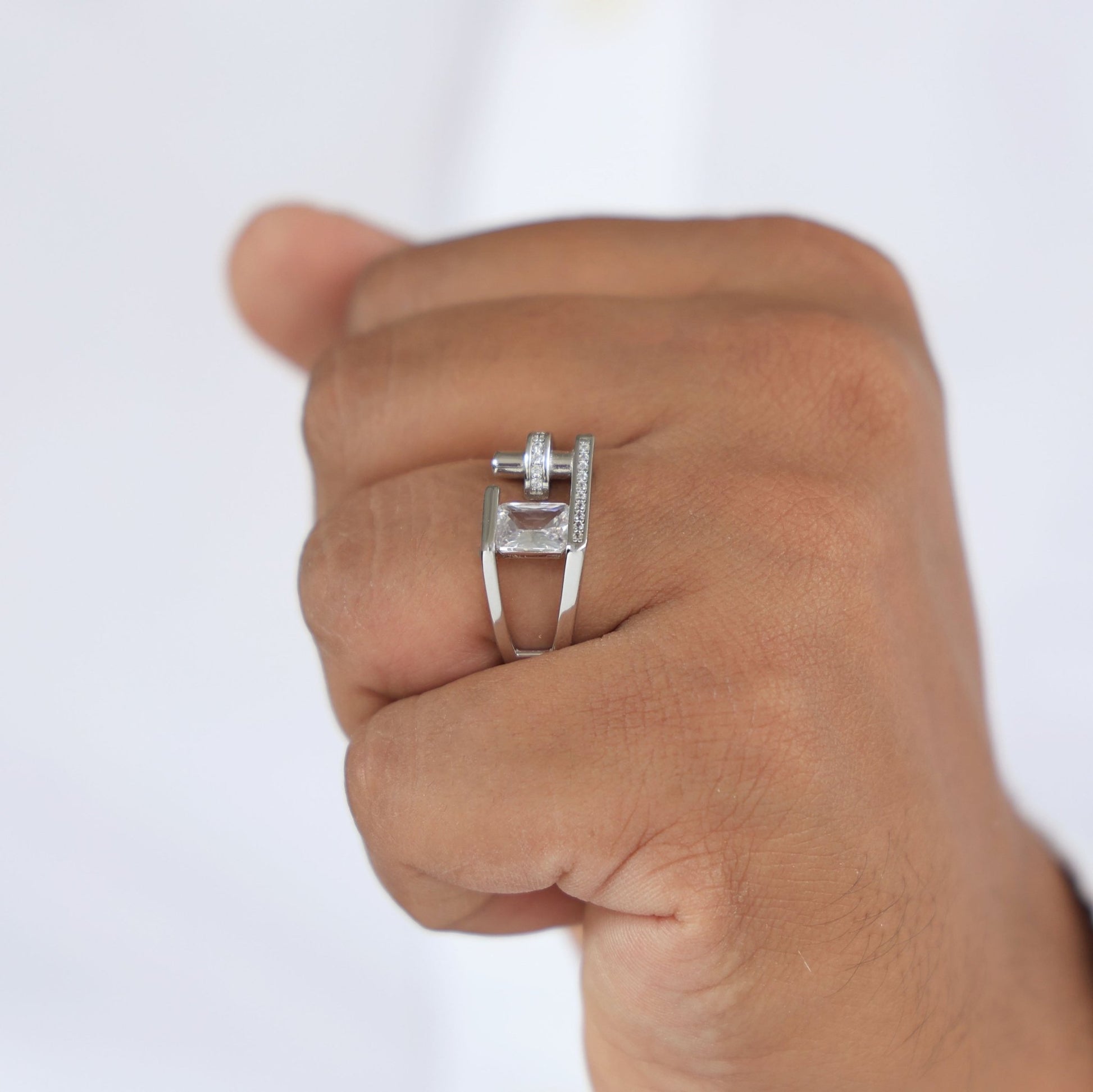 Modern Open Bar Bypass Radiant & Pavé Engagement Ring in 14k Solid Gold, 2.00 CT Radiant Cut Lab Grown Diamond, Everyday Ring For Him - Shoora Designs