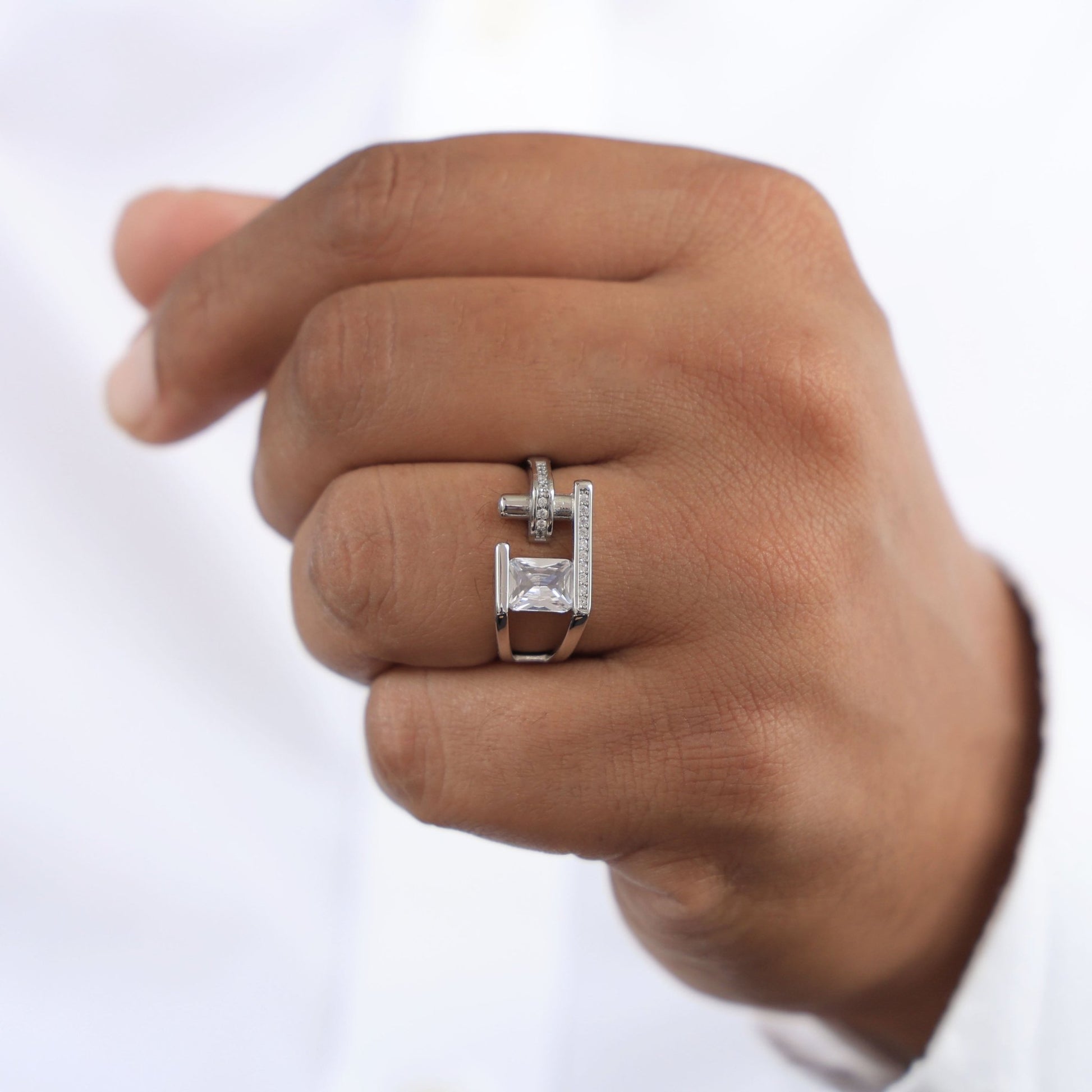 Modern Open Bar Bypass Radiant & Pavé Engagement Ring in 14k Solid Gold, 2.00 CT Radiant Cut Lab Grown Diamond, Everyday Ring For Him - Shoora Designs