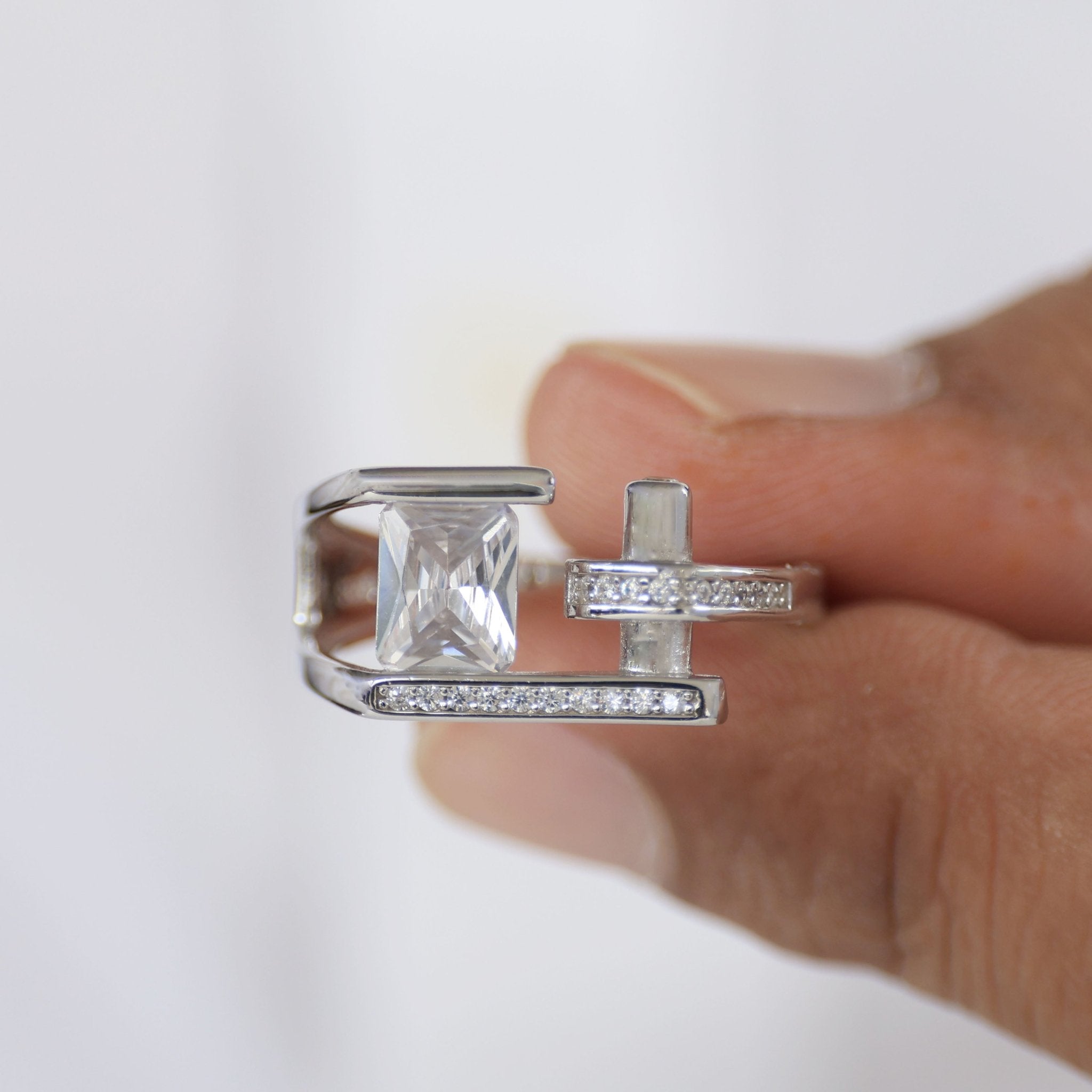 Modern Open Bar Bypass Radiant & Pavé Engagement Ring in 14k Solid Gold, 2.00 CT Radiant Cut Lab Grown Diamond, Everyday Ring For Him - Shoora Designs