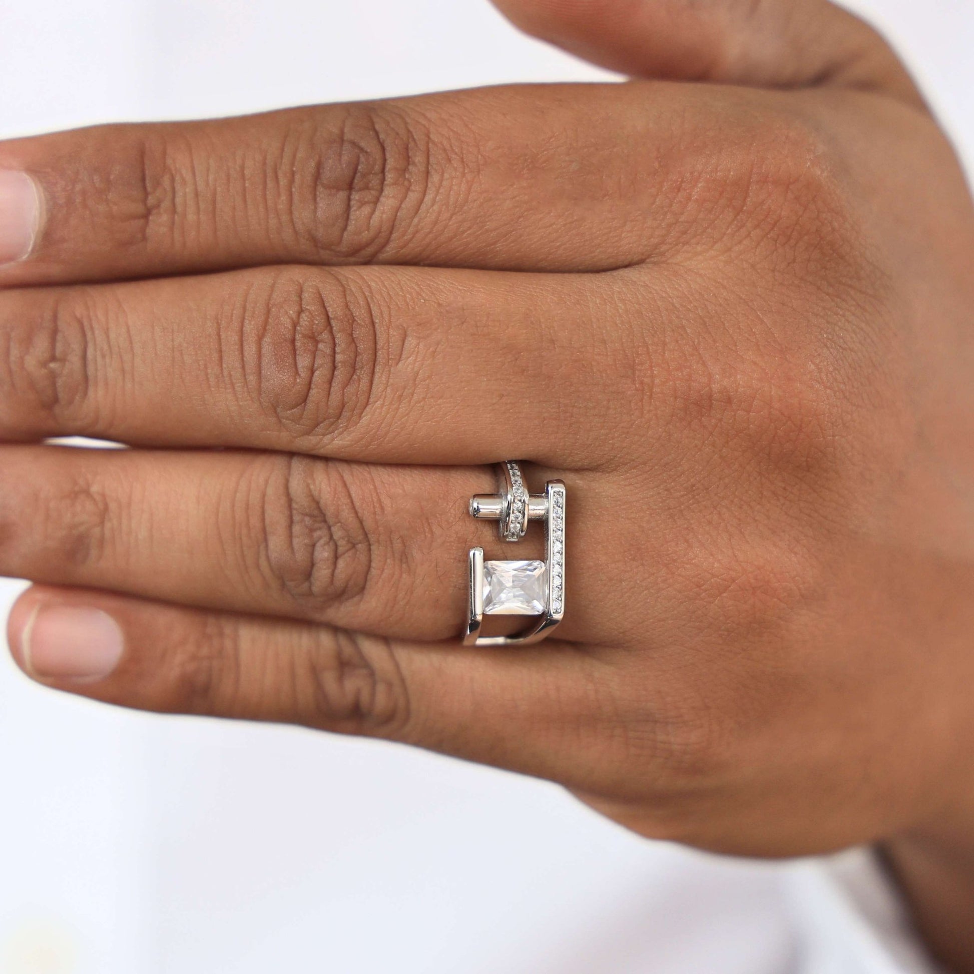 Modern Open Bar Bypass Radiant & Pavé Engagement Ring in 14k Solid Gold, 2.00 CT Radiant Cut Lab Grown Diamond, Everyday Ring For Him - Shoora Designs