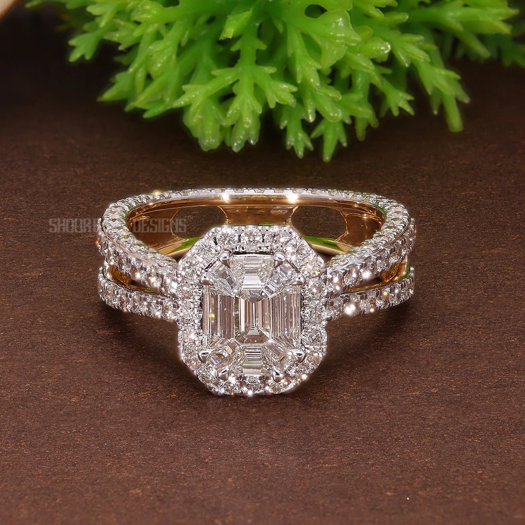 Modern Pie Cut Illusion Halo Pave Engagement Ring in Natural Diamond – 14k Solid Gold, Gift for Wife, Bridal Jewelry, Double Eternity Unique Ring - Shoora Designs