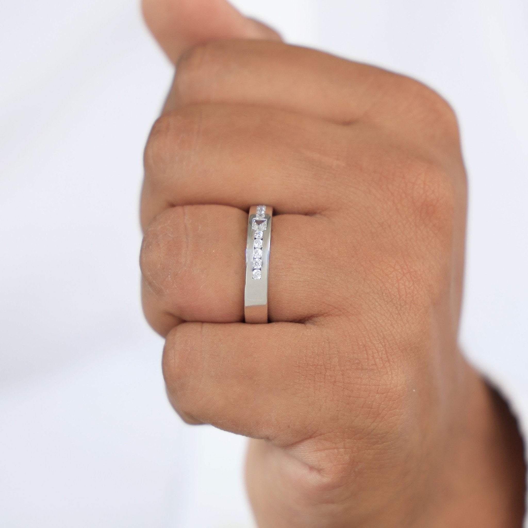 Modern Princess Accent Channel - Set Round Wedding Band in 14k Solid Gold,0.53 TCW Princess/Round Cut Lab Grown Diamonds, Promise Ring For Him - Shoora Designs